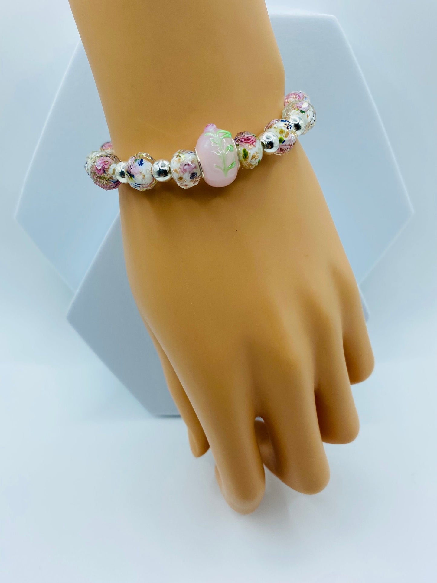 Floral Lampwork Glass Bead Bracelet: Silver Hematite Gemstone Accent