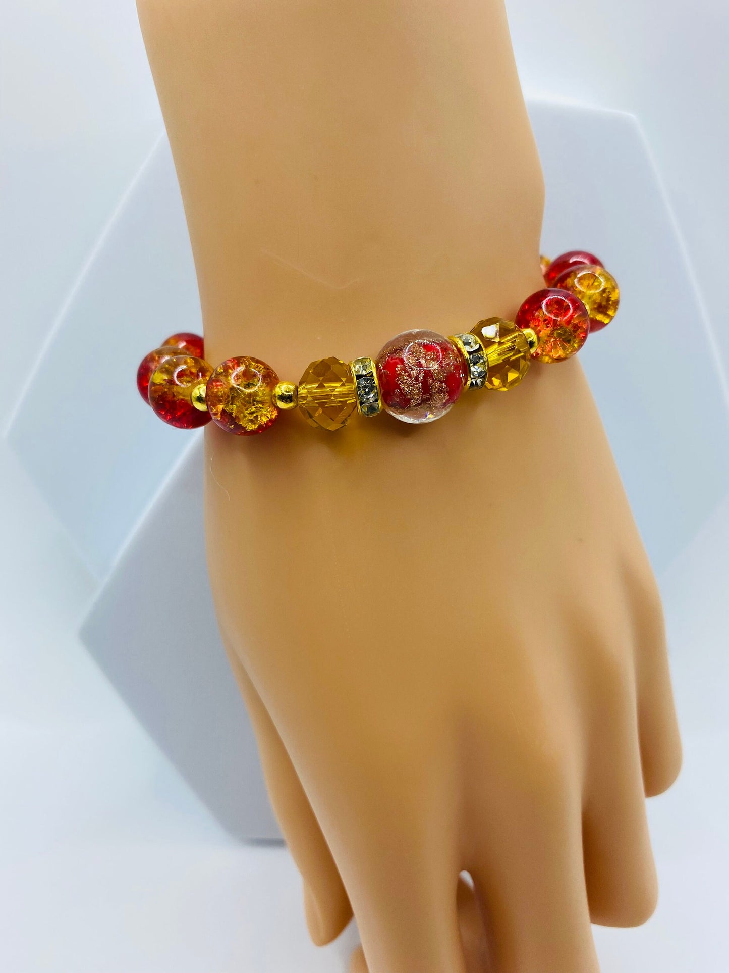 Red Lampwork Crystal Bracelet: Gold Hematite Bead Accents