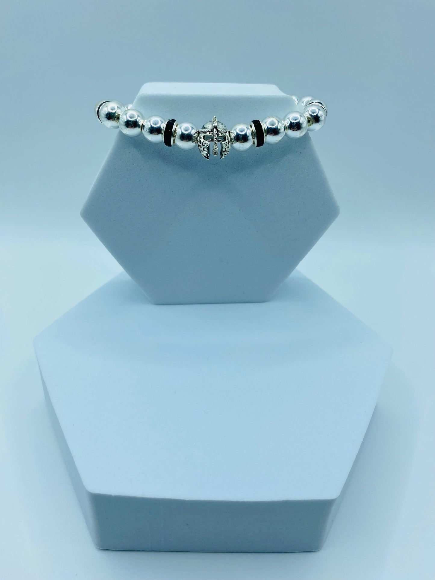 Mens Spartan Helmet Bracelet: Silver Hematite Gemstone Beads, Medieval Jewelry