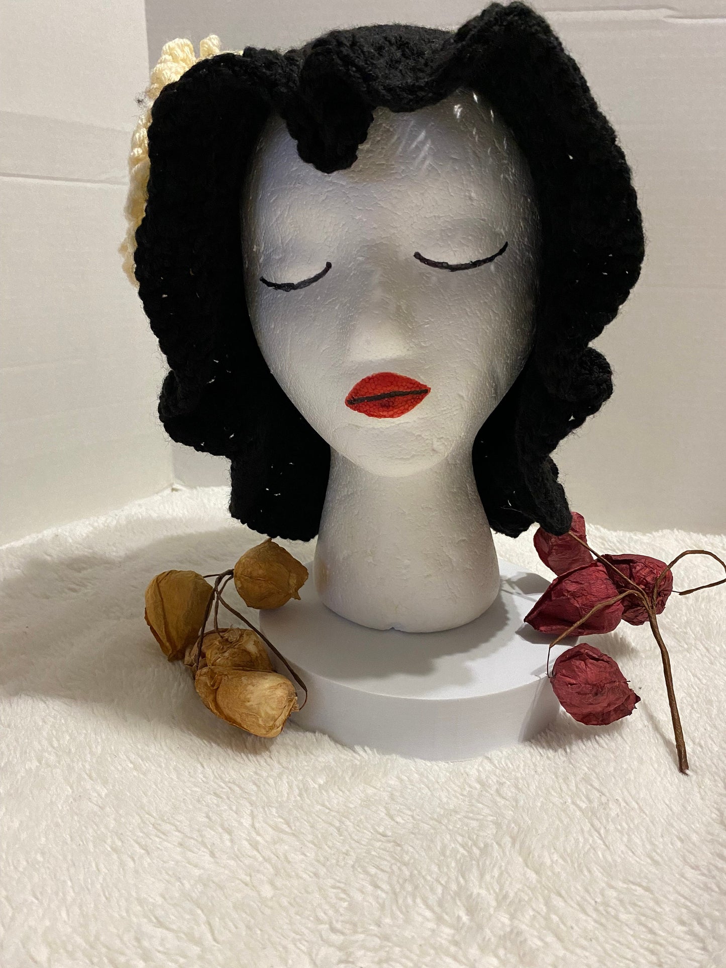 Black Crochet Bucket Hat with White Flower: Handmade Acrylic Hat
