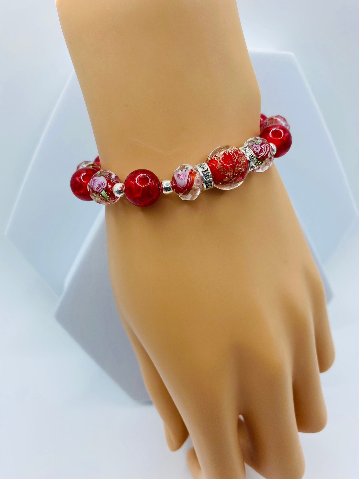 Red Lampwork Glass Bead Bracelet: Hematite & Crystal Rondelles