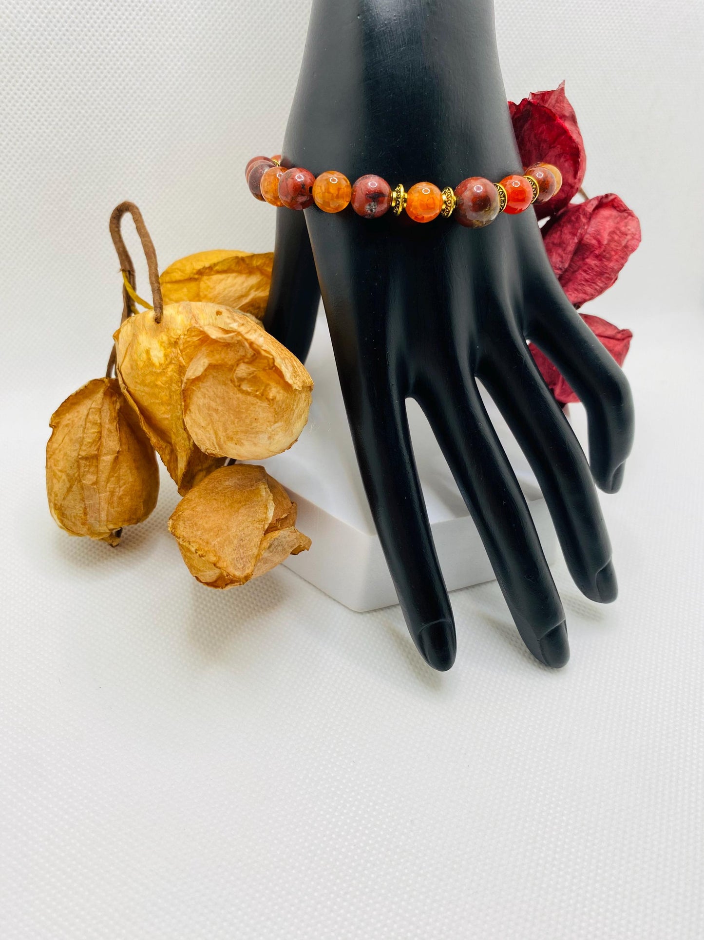 Mens Red Jasper Beaded Bracelet: Agate Gemstone, Tibetan Jewelry