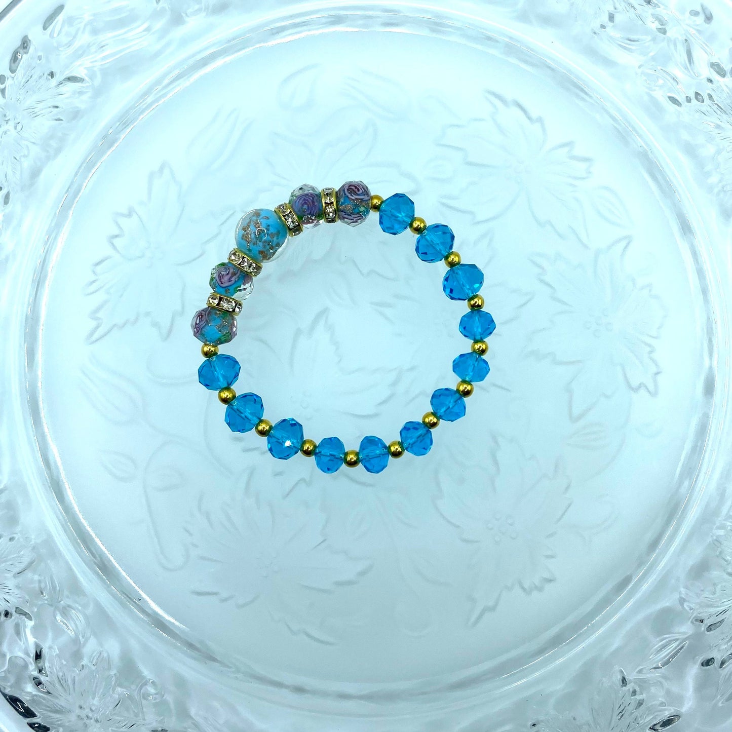 Lampwork Glass Bead Bracelet: Blue Topaz Crystal & 18K Gold Hematite