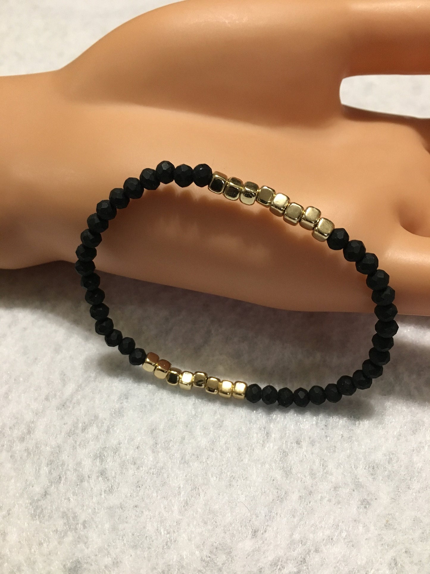 Black Quartz Crystal Bracelet with Gold Spacer Beads - Handmade