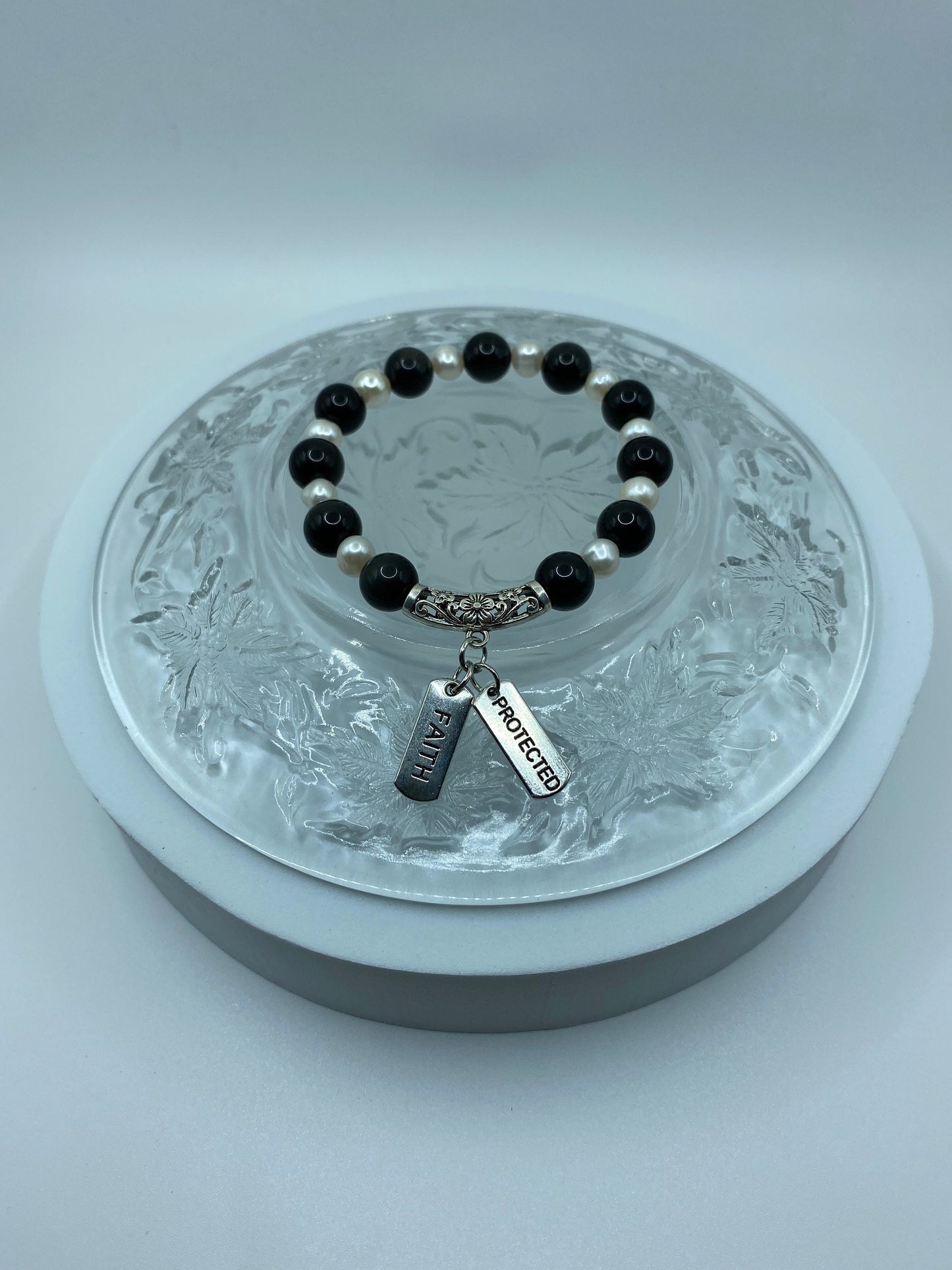 Onyx & Pearl Charm Bracelet: Inspirational Word Charms, Handmade