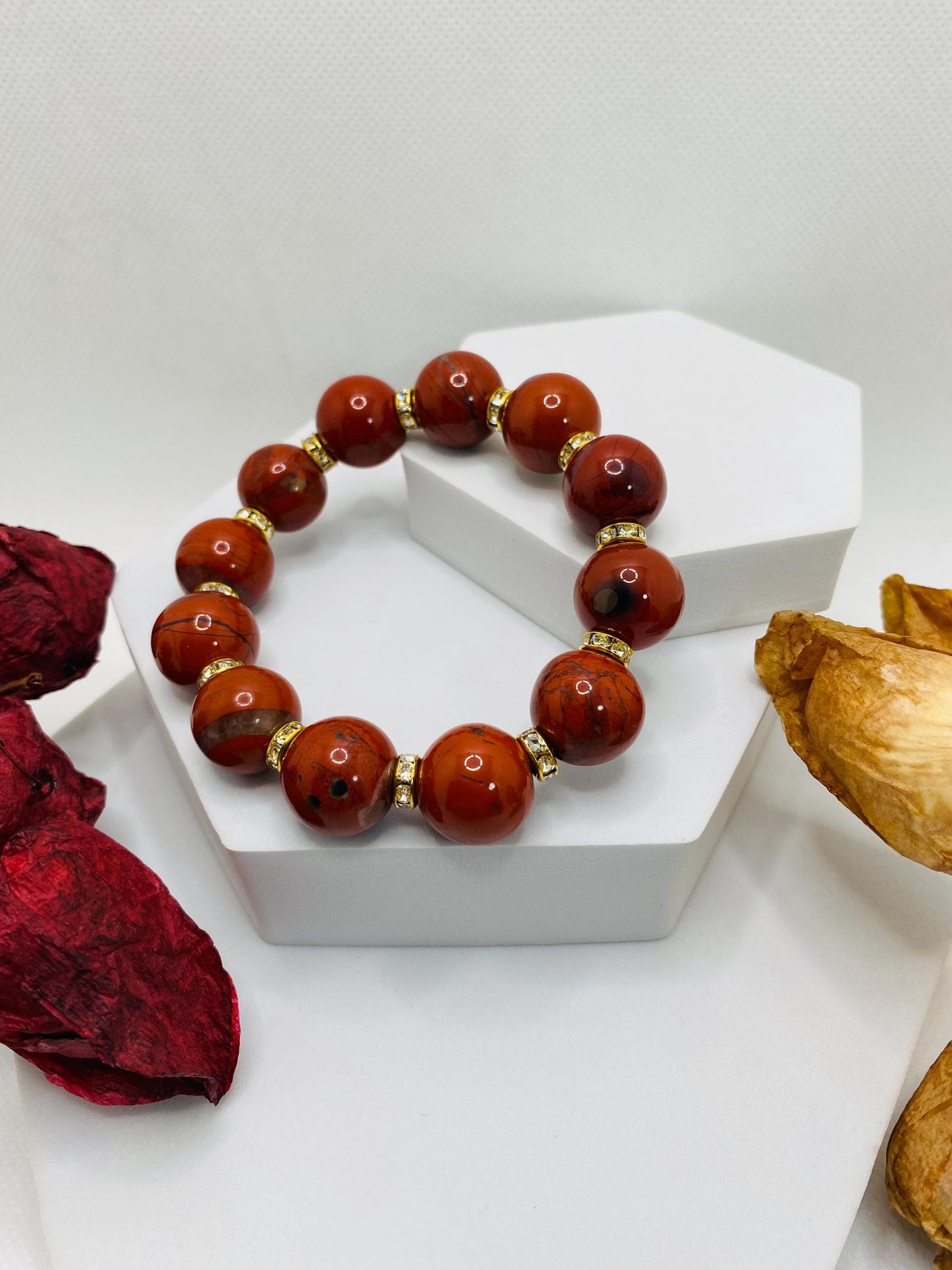 Handmade Chunky Red Jasper Bracelet: Rhinestone Gemstone Jewelry