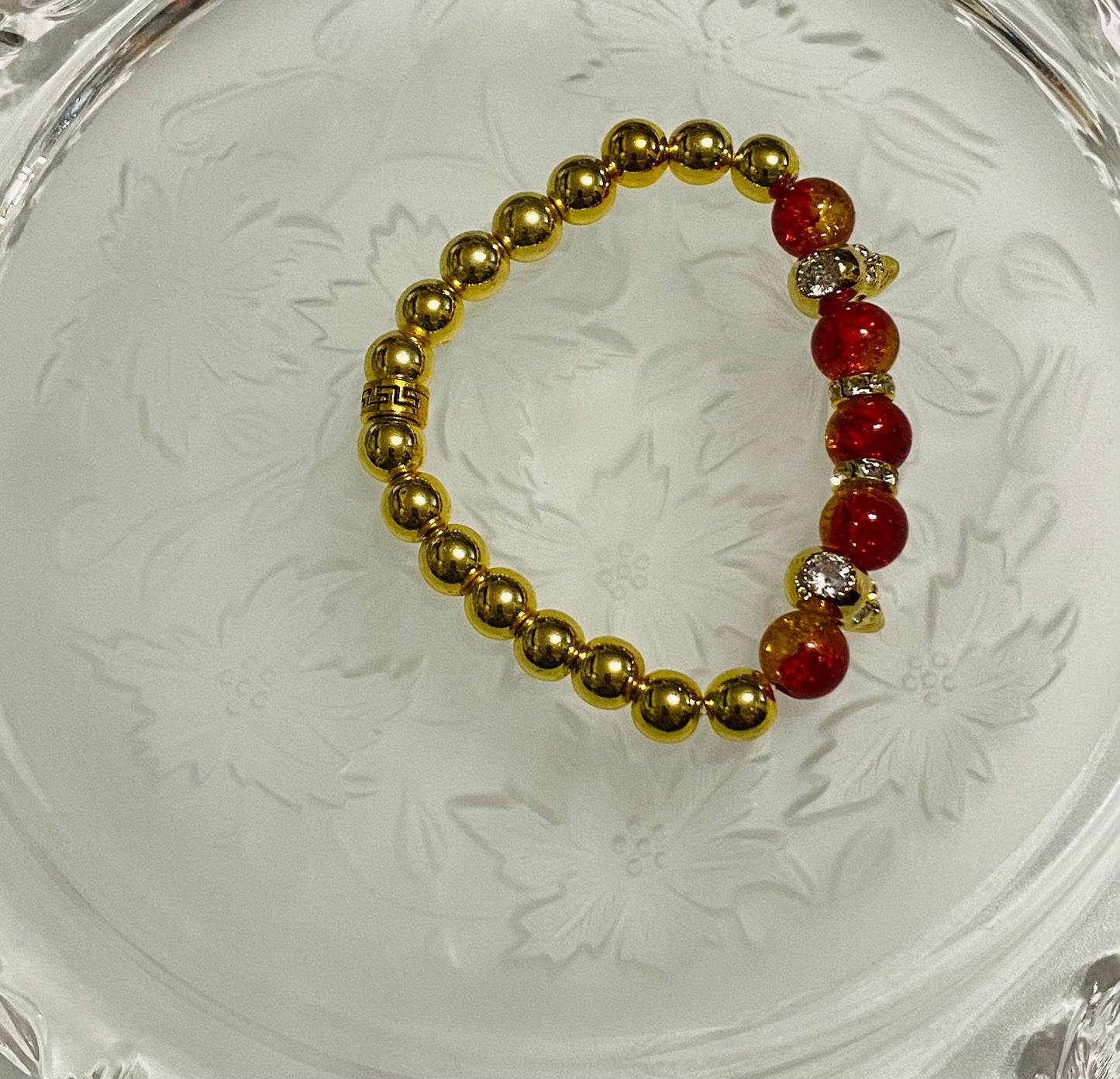 Men's Gold Hematite Bracelet: Red Crystal, CZ Skull Beads