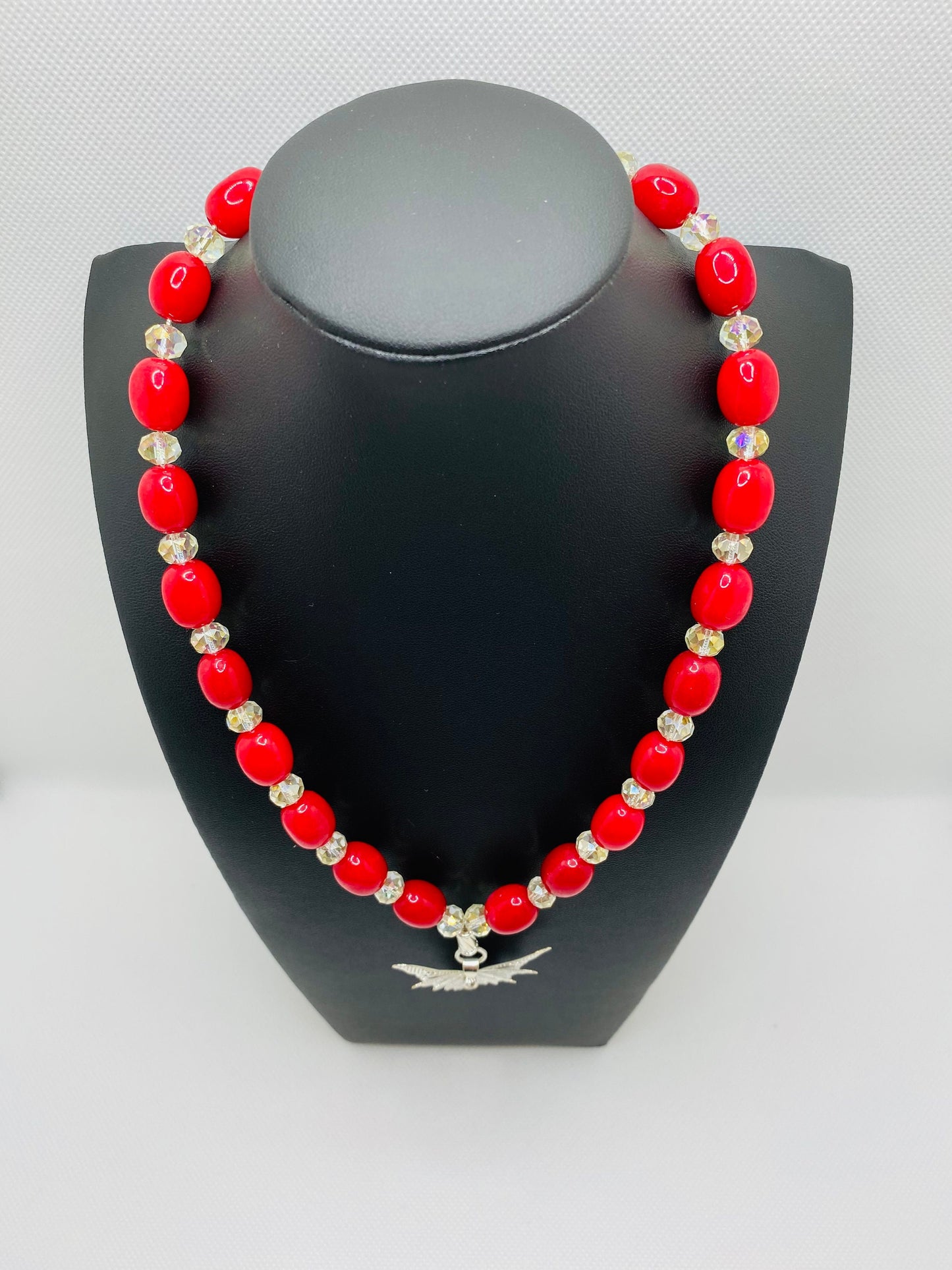 Red Jade Necklace: Silver Butterfly Pendant & Crystal Beads