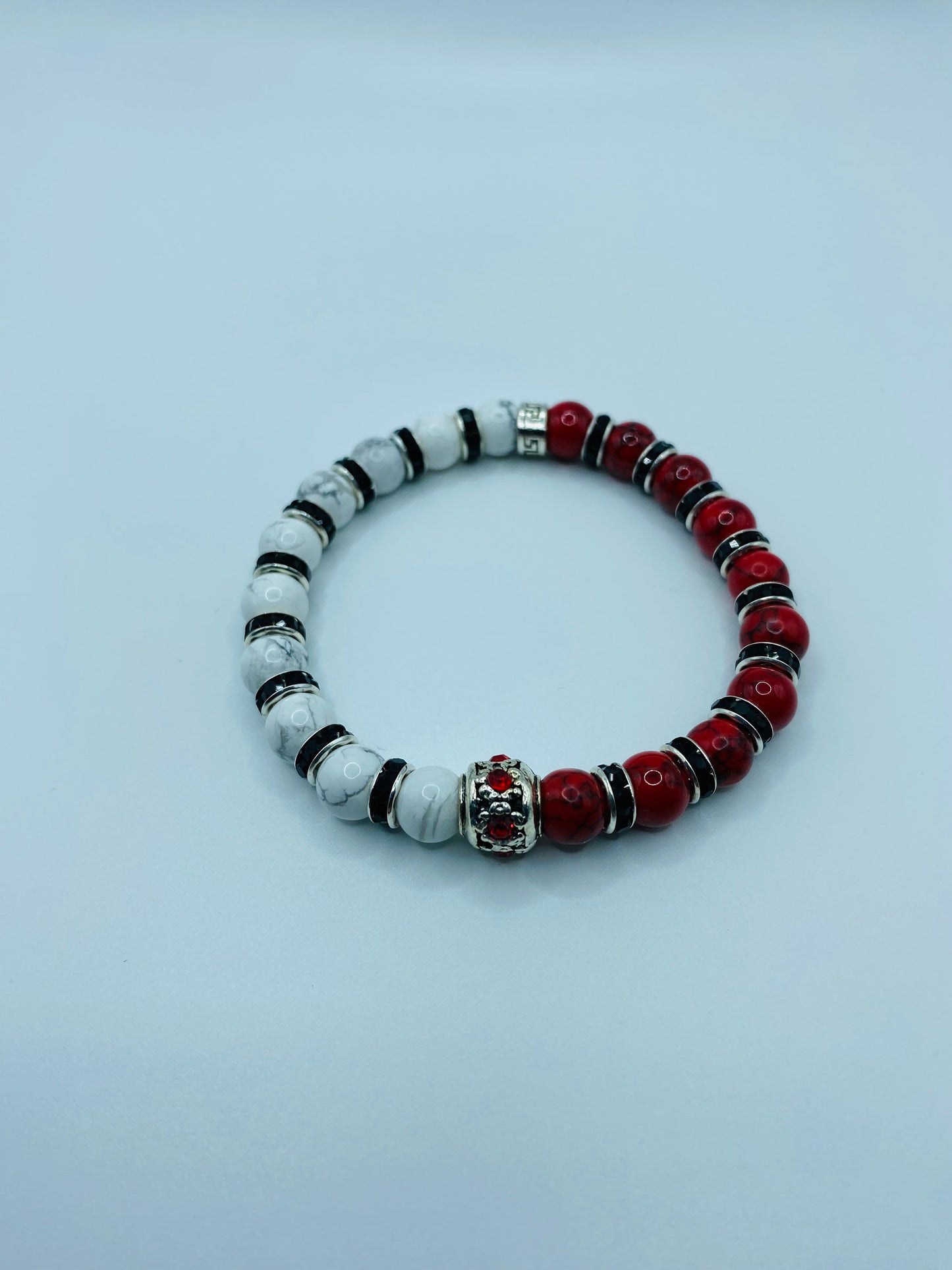 Red Turquoise & Howlite Beaded Bracelet: Silver Rhinestone Charm