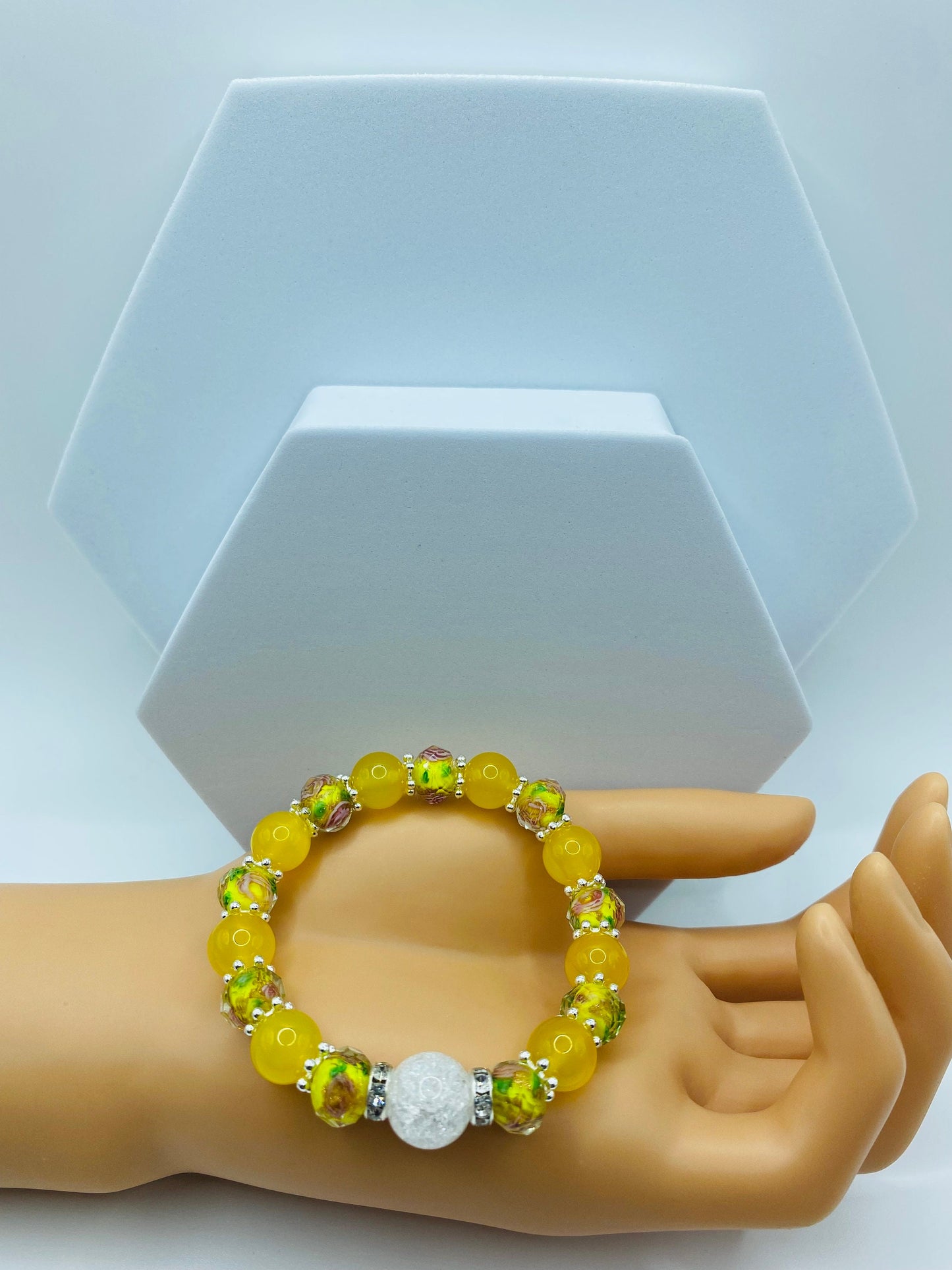 Summer Jewelry for Women with Yellow Agate & Lampwork Glass Beads, Quartz Crystal Bracelet