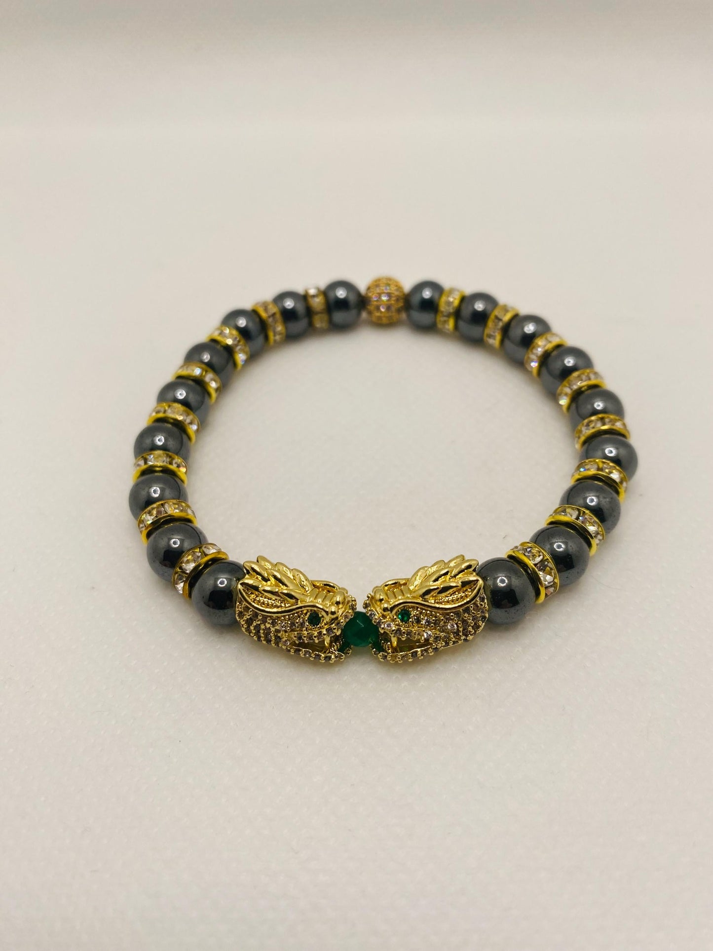 Dragon Hematite Beaded Bracelet: Gold CZ Charm, Handmade