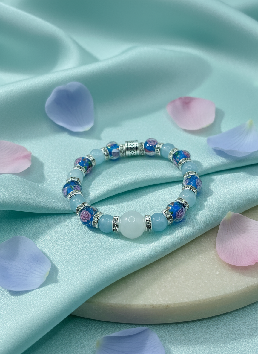 Enhanced background for Aquamarine Bracelet with Lampwork Floral Glass Beads