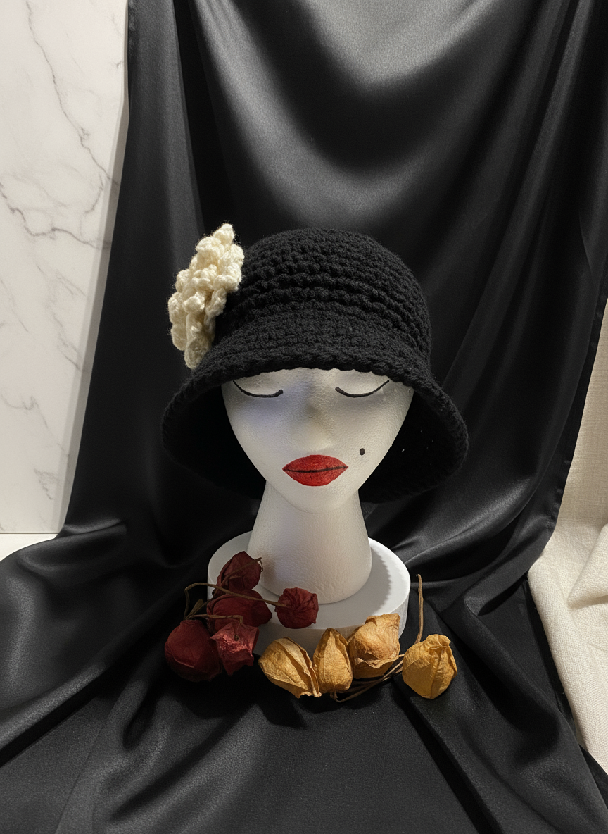 Enhanced background for Black Crochet Bucket Hat