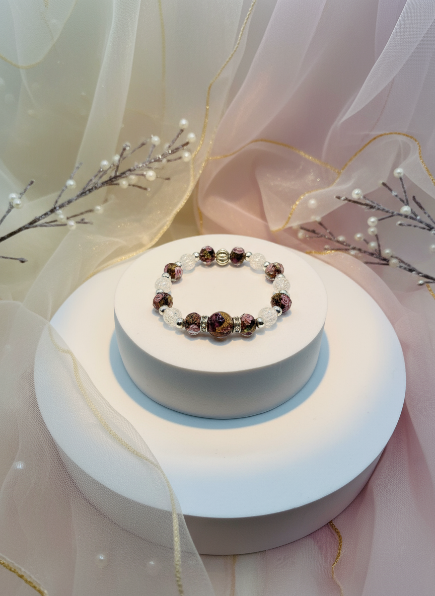 Enhanced background for Lampwork Flower Glass Bead Bracelet with Crystal Quartz and Hematite