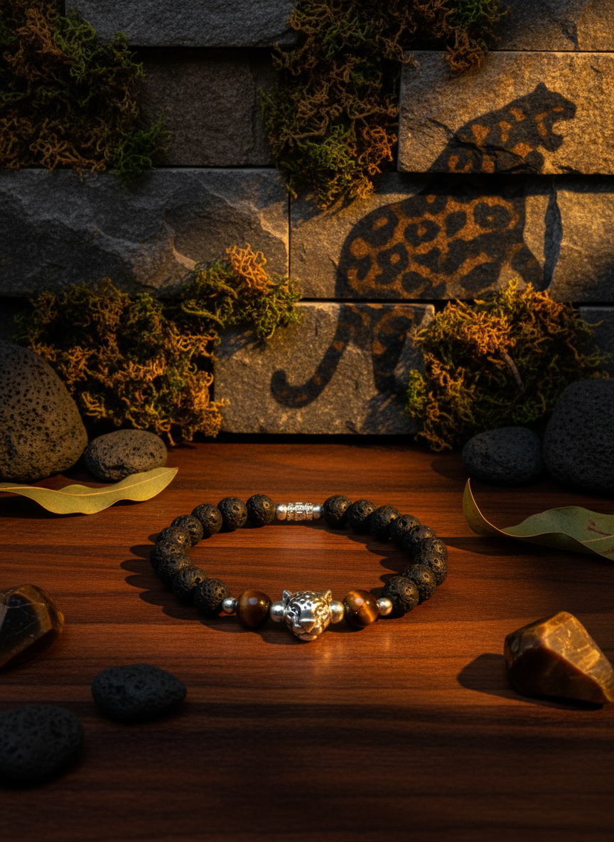Enhanced background for Leopard Charm Bracelet with Lava Rock and Tiger's Eye