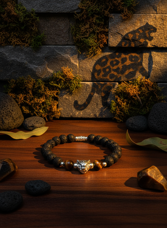 Enhanced background for Leopard Charm Bracelet with Lava Rock and Tiger's Eye