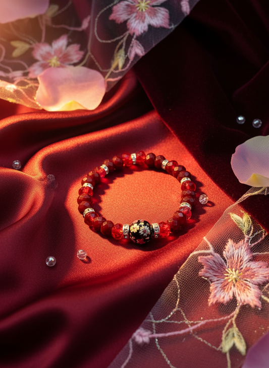Enhanced background for Red Jade Crystal Beaded Bracelet with Floral Painted Glass Bead