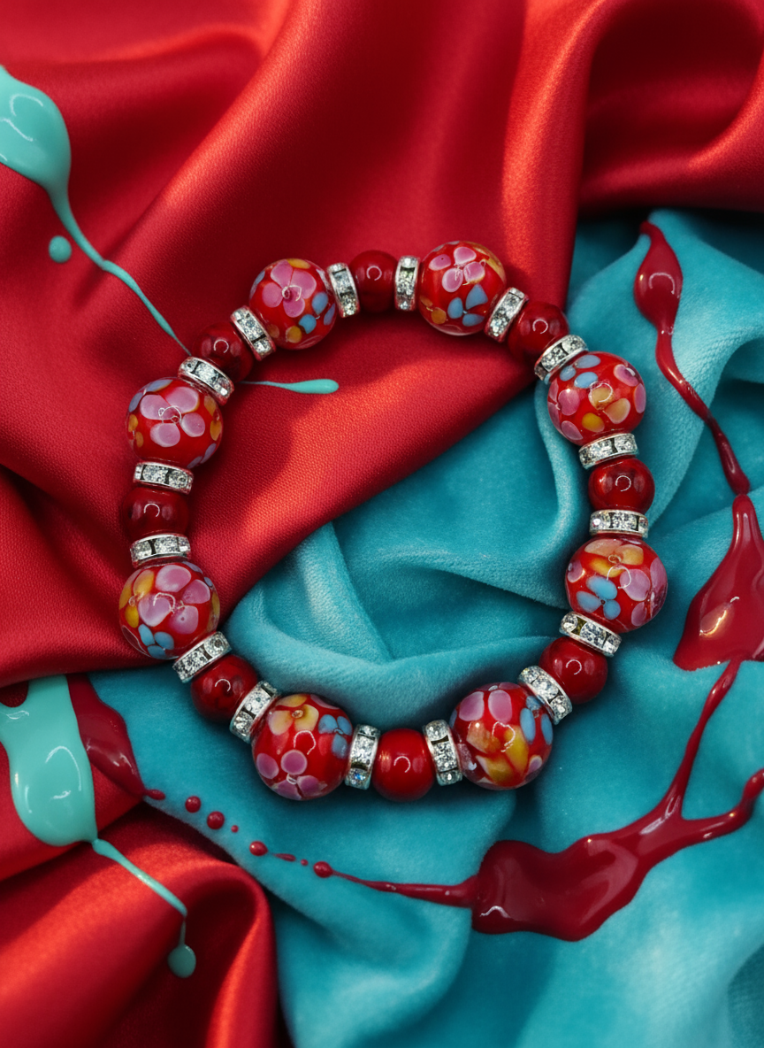 Enhanced background for Red Lampwork Flower Bracelet