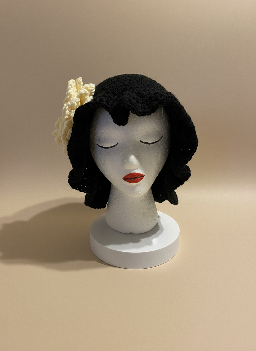 Enhanced Black Crochet Bucket Hat with New Background