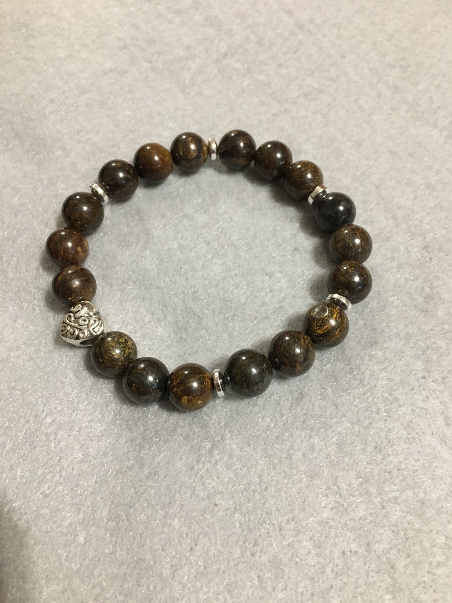 Bronzite Gemstone Bracelet with Love Heart Charm & Hematite Spacers