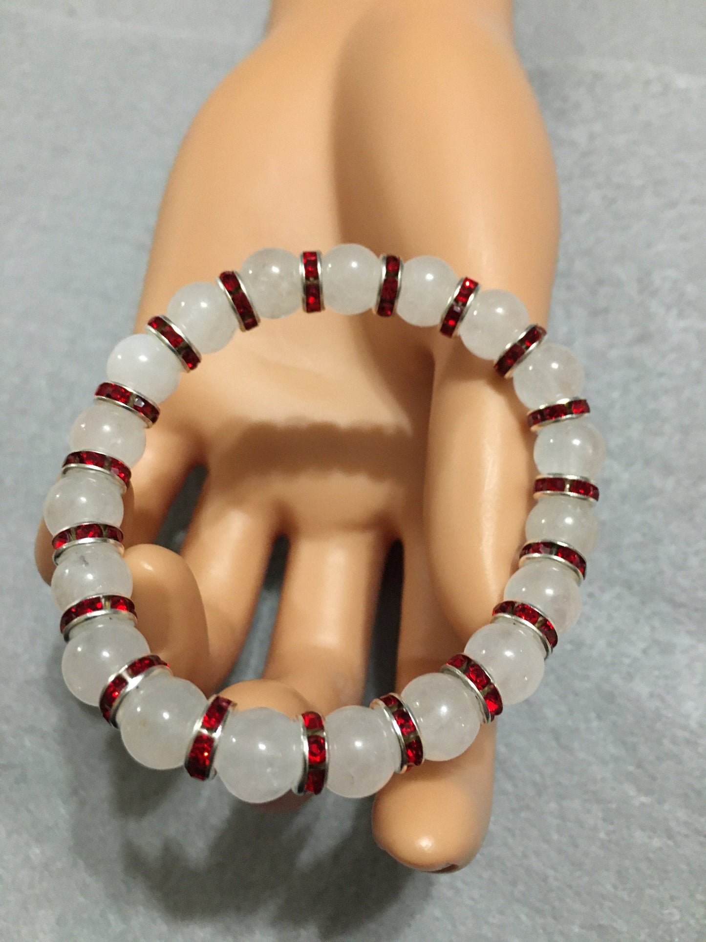 White Jade Bracelet with Red Rhinestone Rondelles