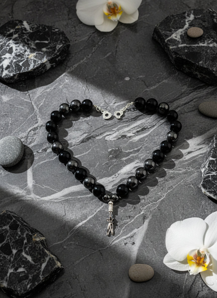Black Obsidian & Hematite Necklace: Embrace Couple Charm