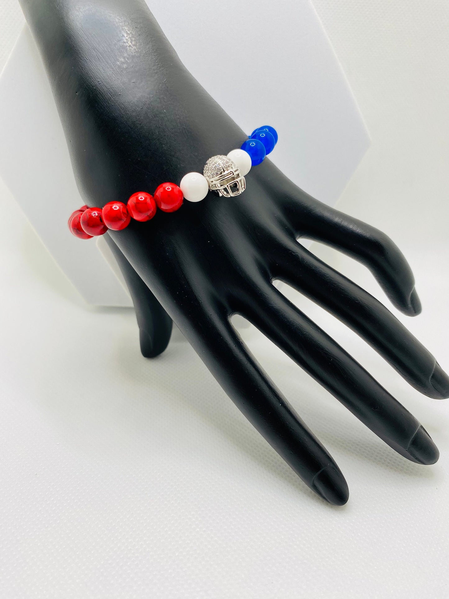 Buffalo Bills Beaded Bracelet: Red Turquoise, Blue Chalcedony, Football Helmet Charm