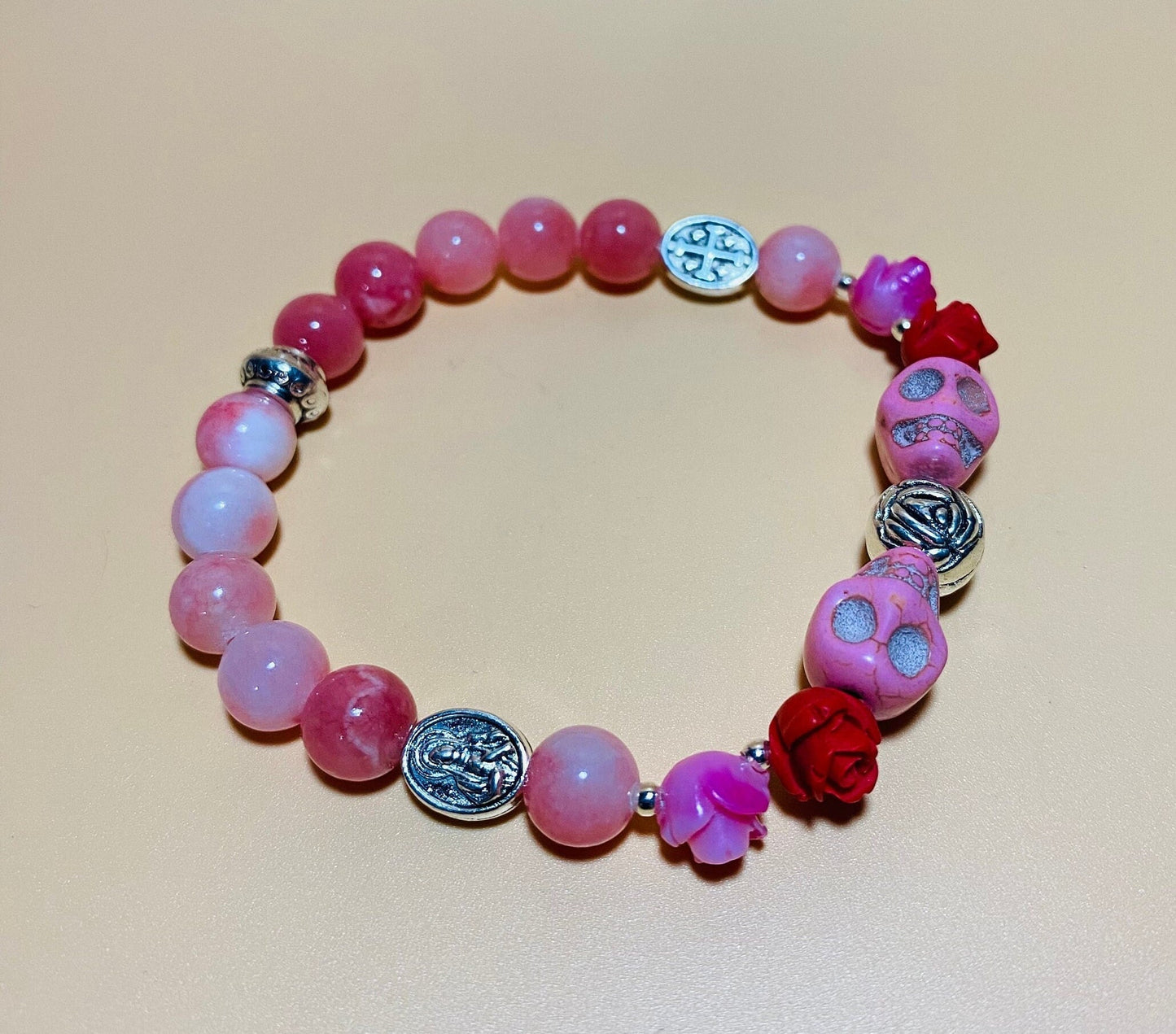 Day of the Dead Religious Jewelry, Jade Bracelet with Skull Beads & Roses, Flower Bracelet