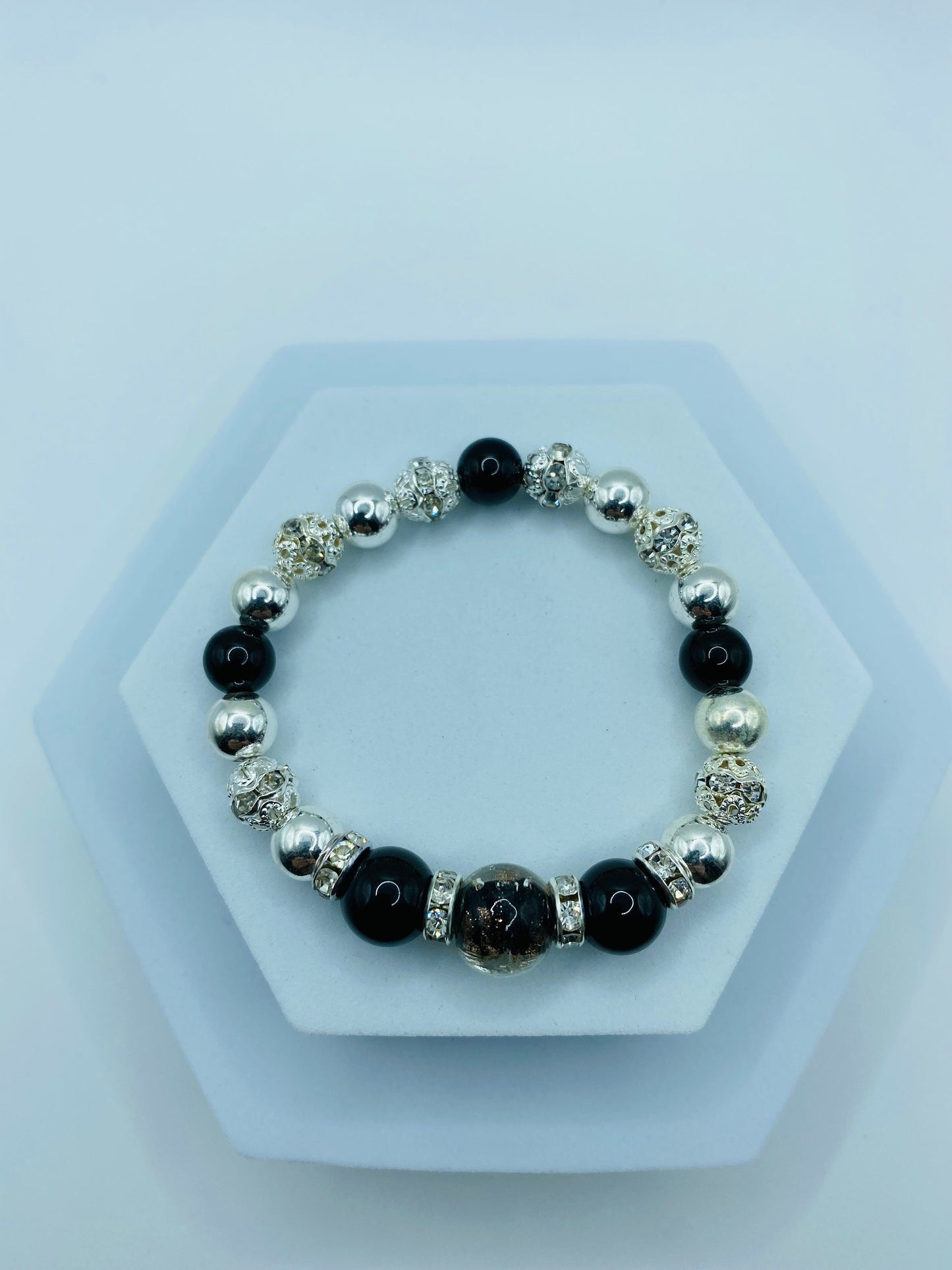 Men's Silver Hematite & Onyx Bracelet with Lampwork Glass Beads