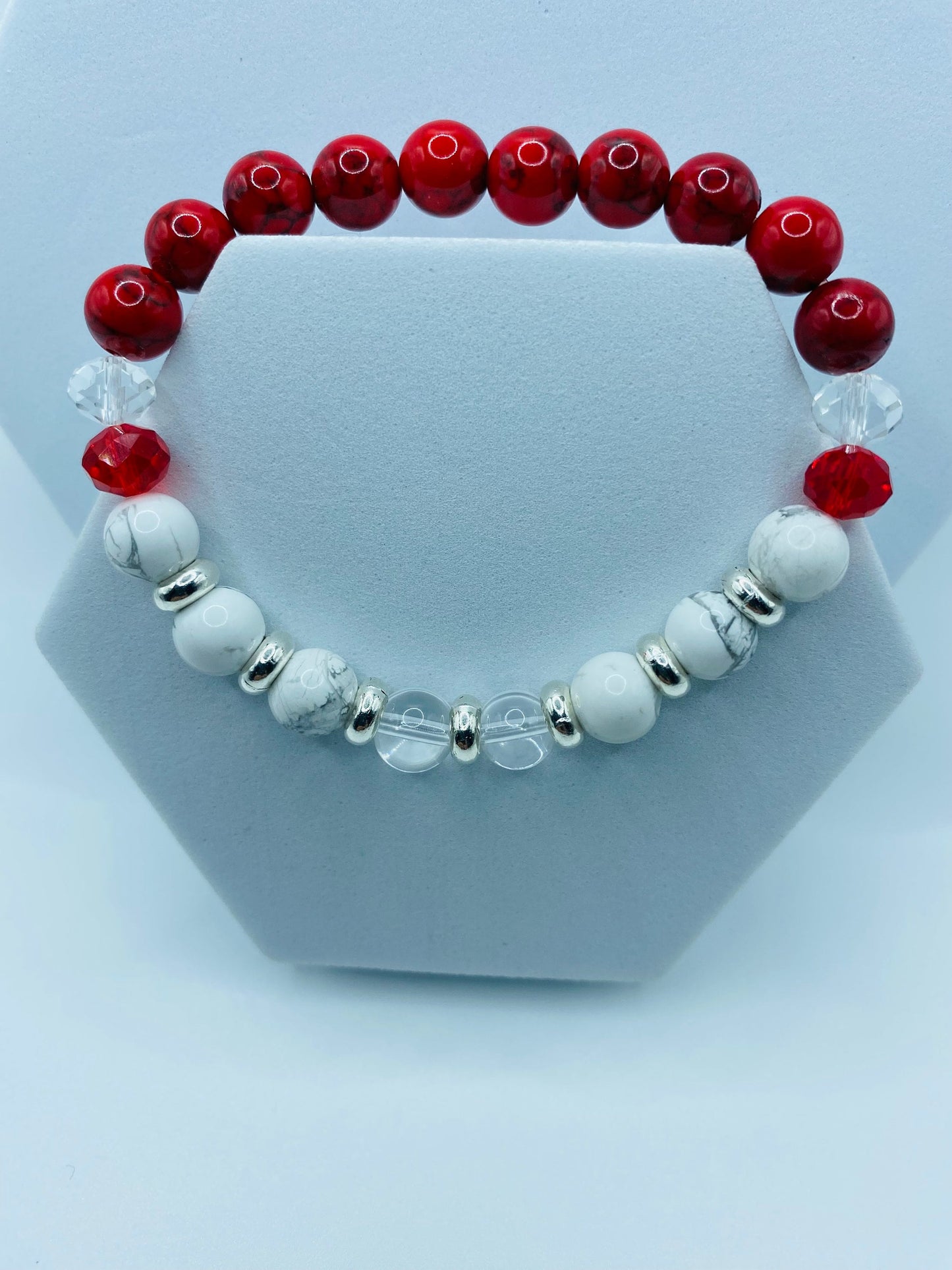 Red Turquoise & Howlite Gemstone Bracelet: Crystal Quartz Beaded Jewelry