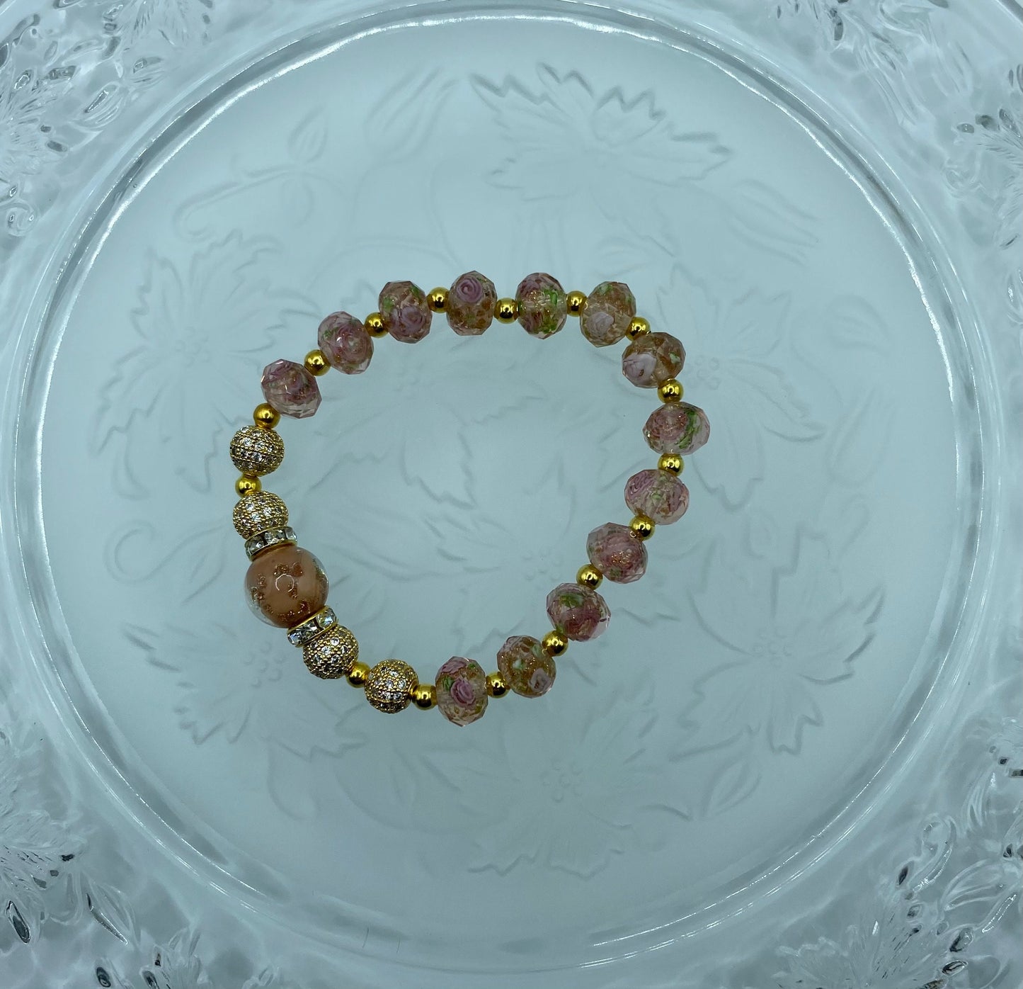 Gold Plated Hematite Bracelet: Pink Lampwork Murano Glass Floral Beads