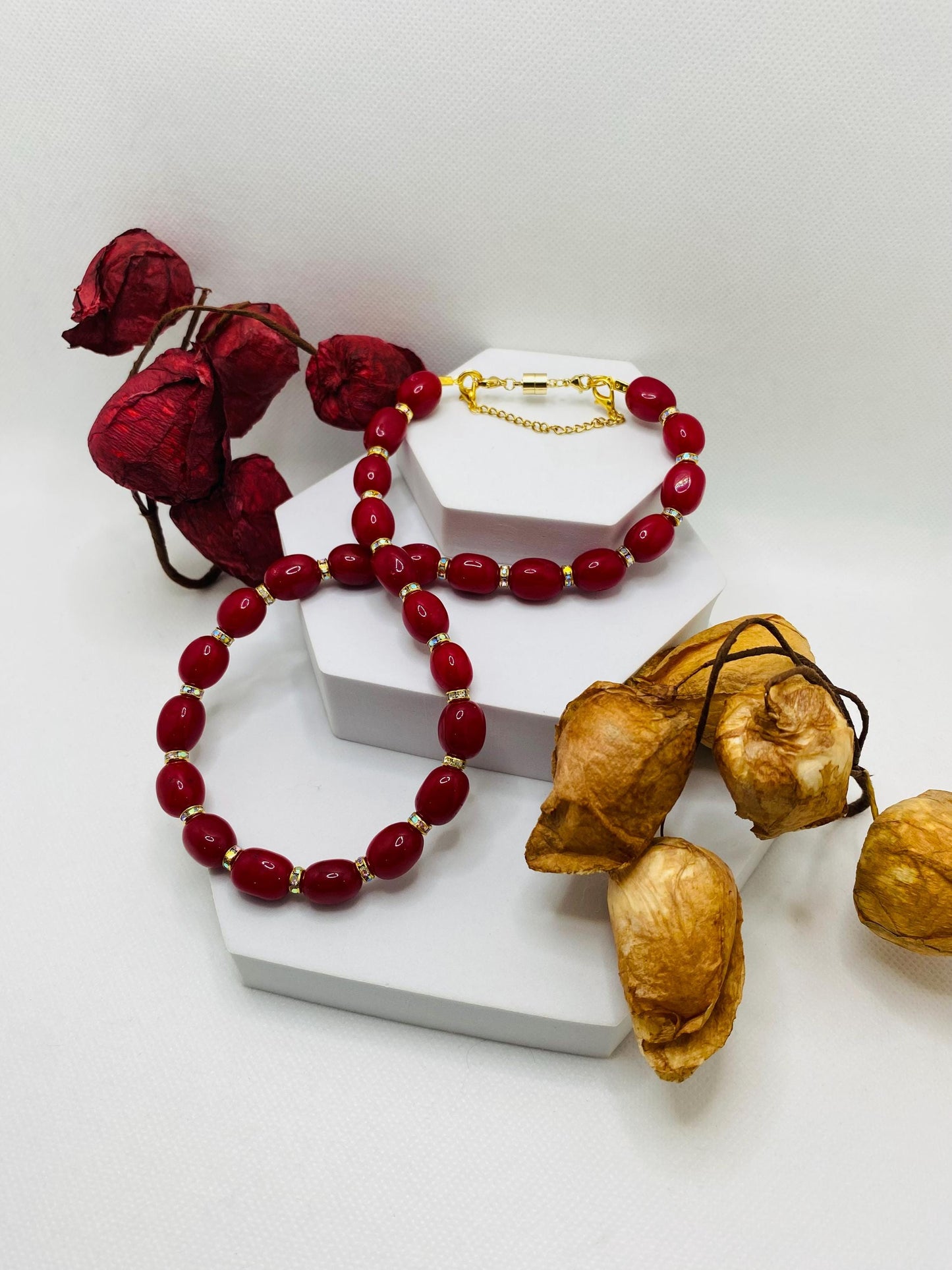 Red Jade Gemstone Necklace: Rhinestone Rondelles, Magnetic Clasp