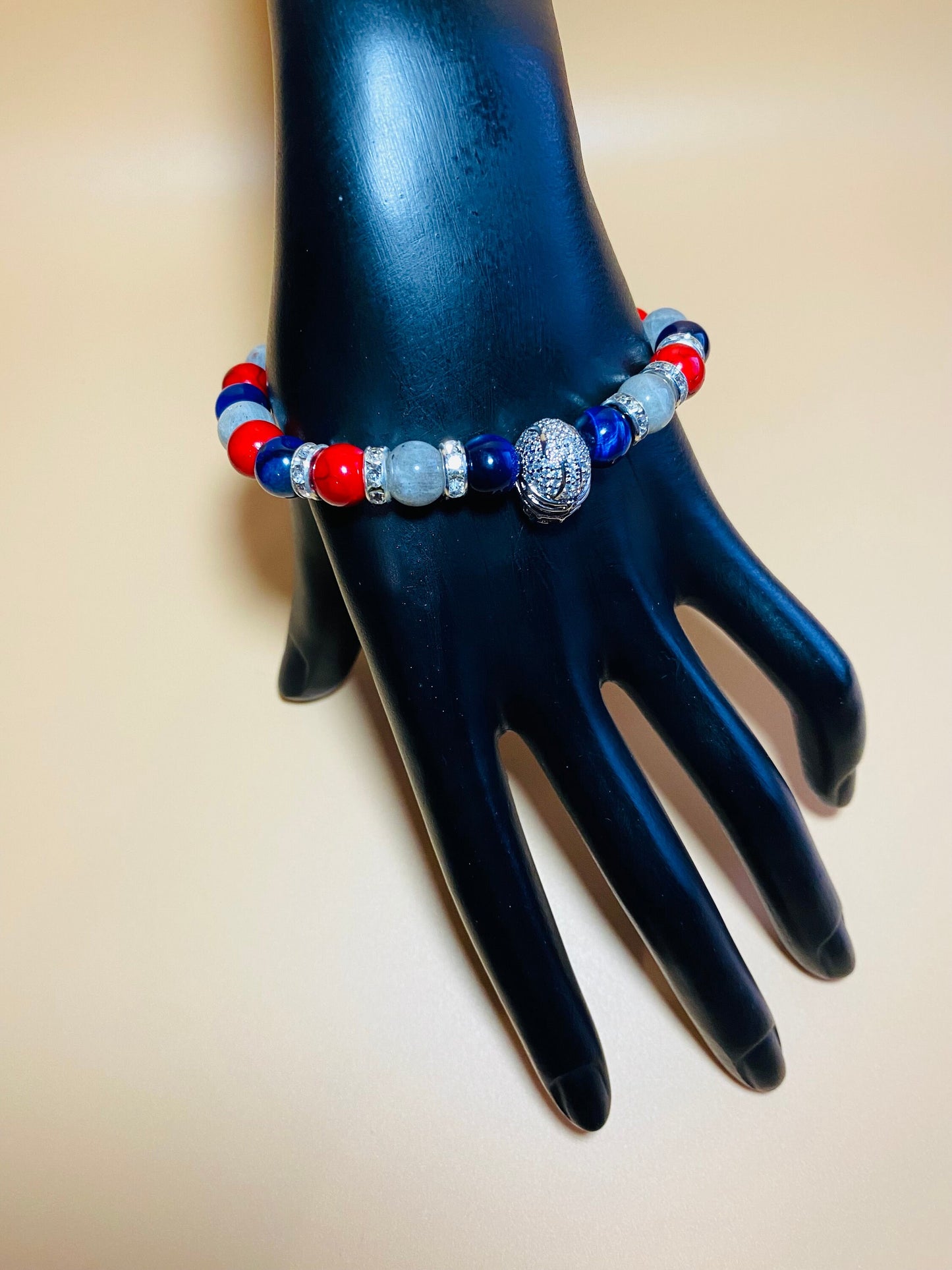 New England Patriots Bracelet: Gemstone Beads & CZ Helmet Charm