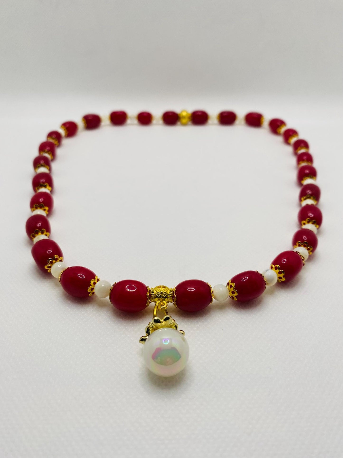 Handmade Red Jade Necklace: Mother of Pearl, Faux Pearl Pendant