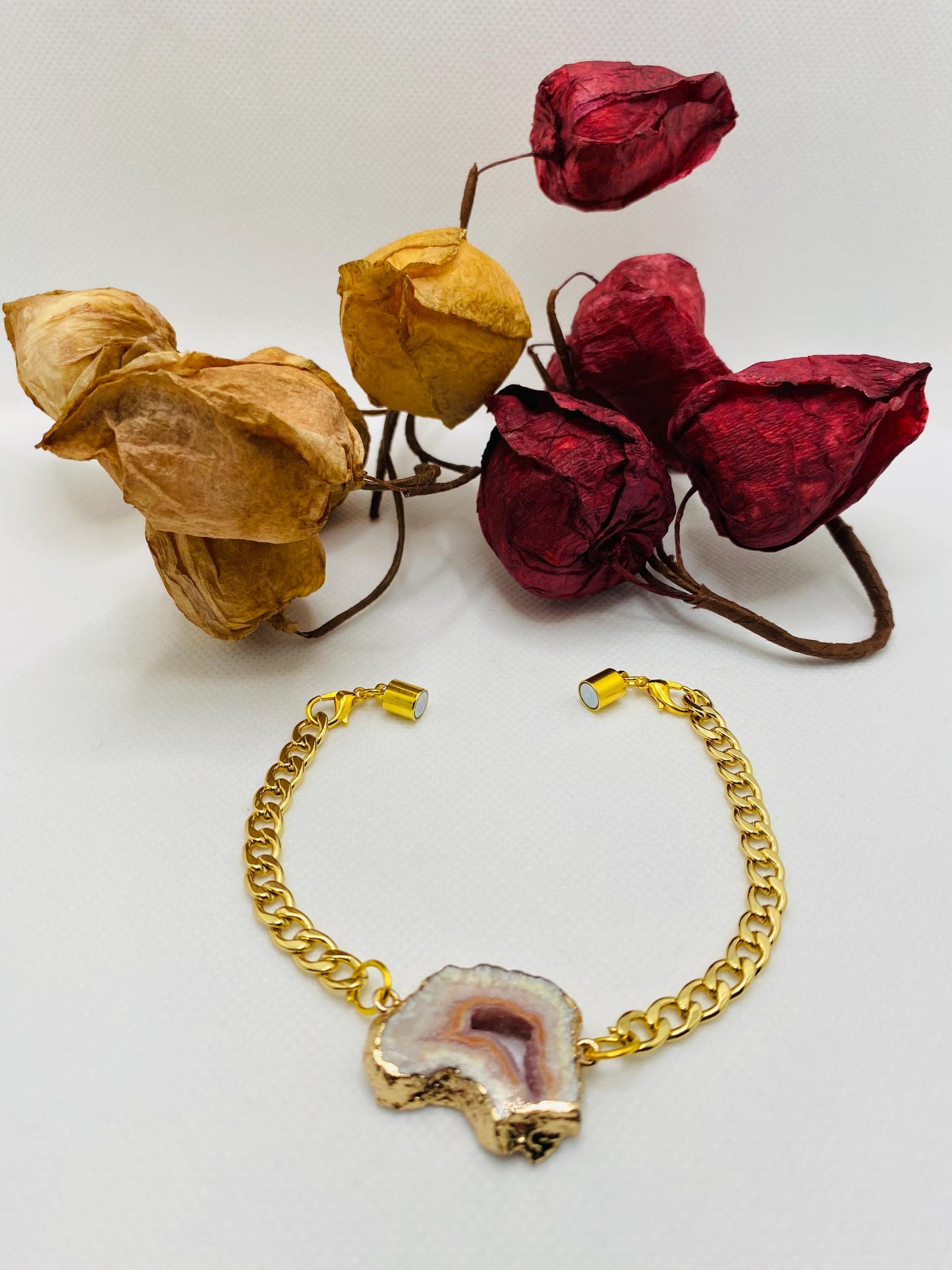 Handmade 18k Gold Cuban Link Bracelet: Geode Agate Gemstone, Magnetic Clasp