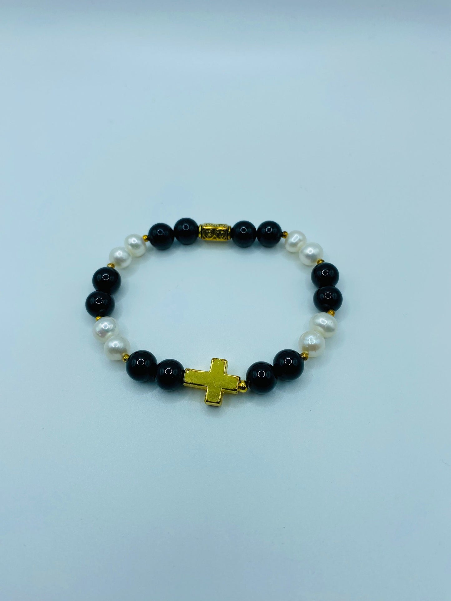 Gold Cross Bracelet: Pearl & Onyx Gemstone Beads, Spiritual Jewelry