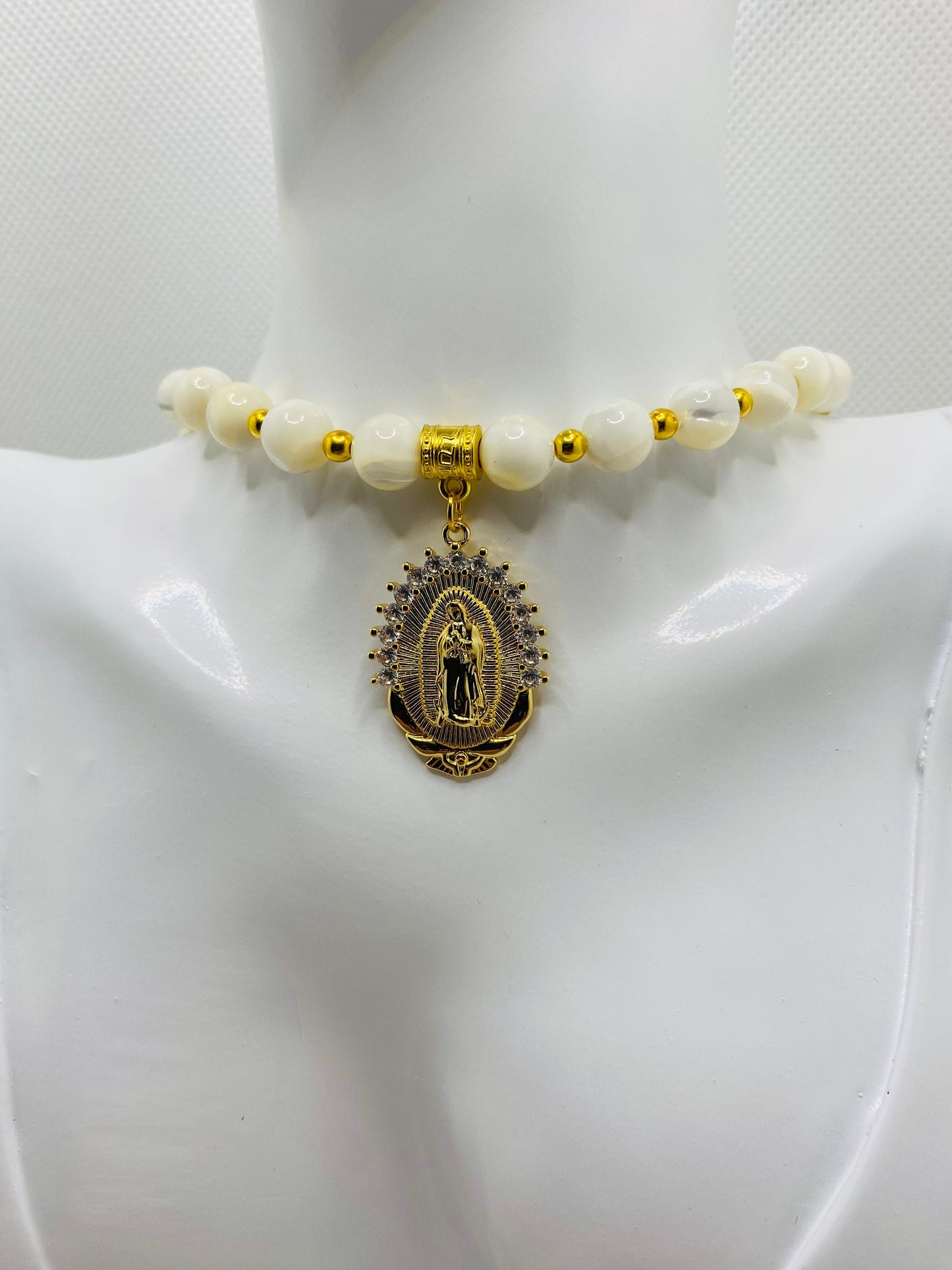 Mother of Pearl Necklace: Virgin Mary Pendant, Gold Stainless Steel