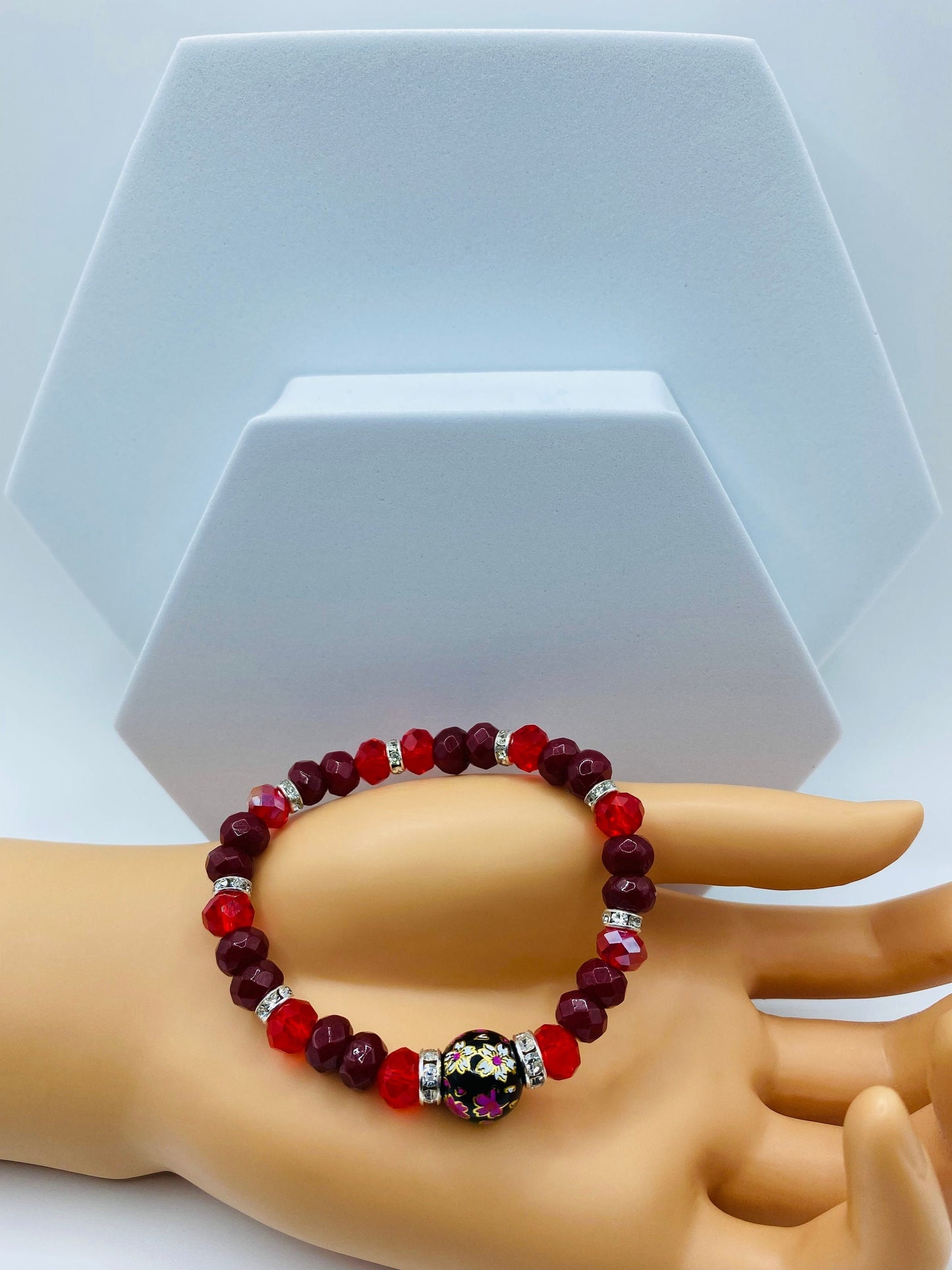 Red Jade & Crystal Beaded Bracelet with Floral Painted Glass Bead