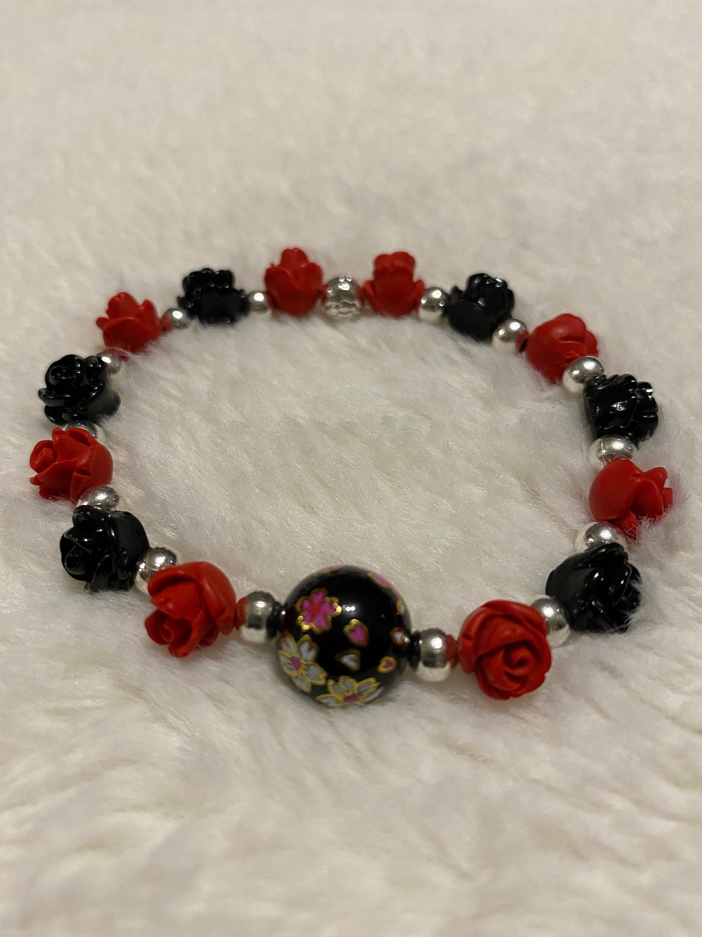 Red & Black Rose Bracelet: Floral Jewelry with Hematite Beads