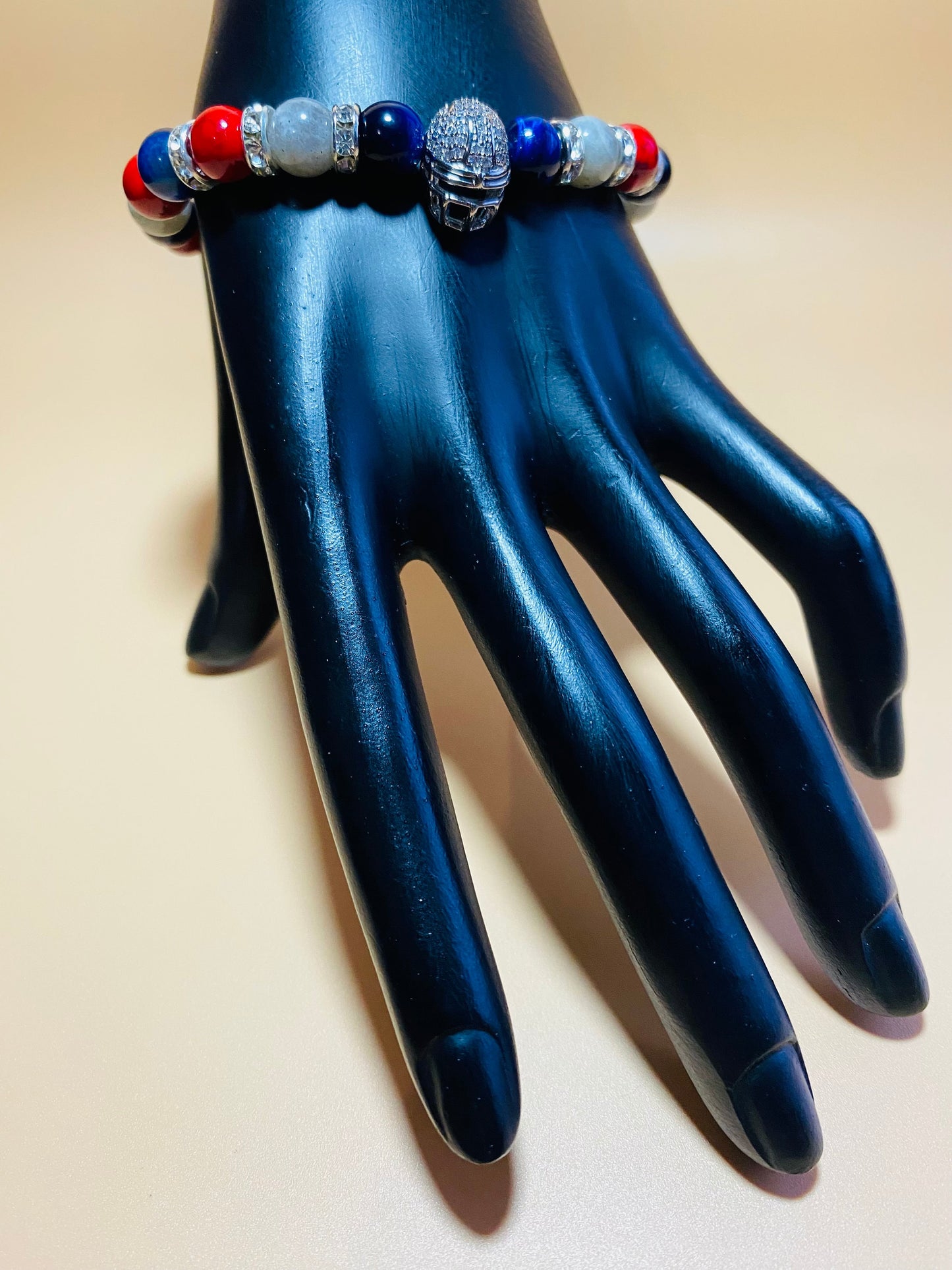 New England Patriots Bracelet: Gemstone Beads & CZ Helmet Charm