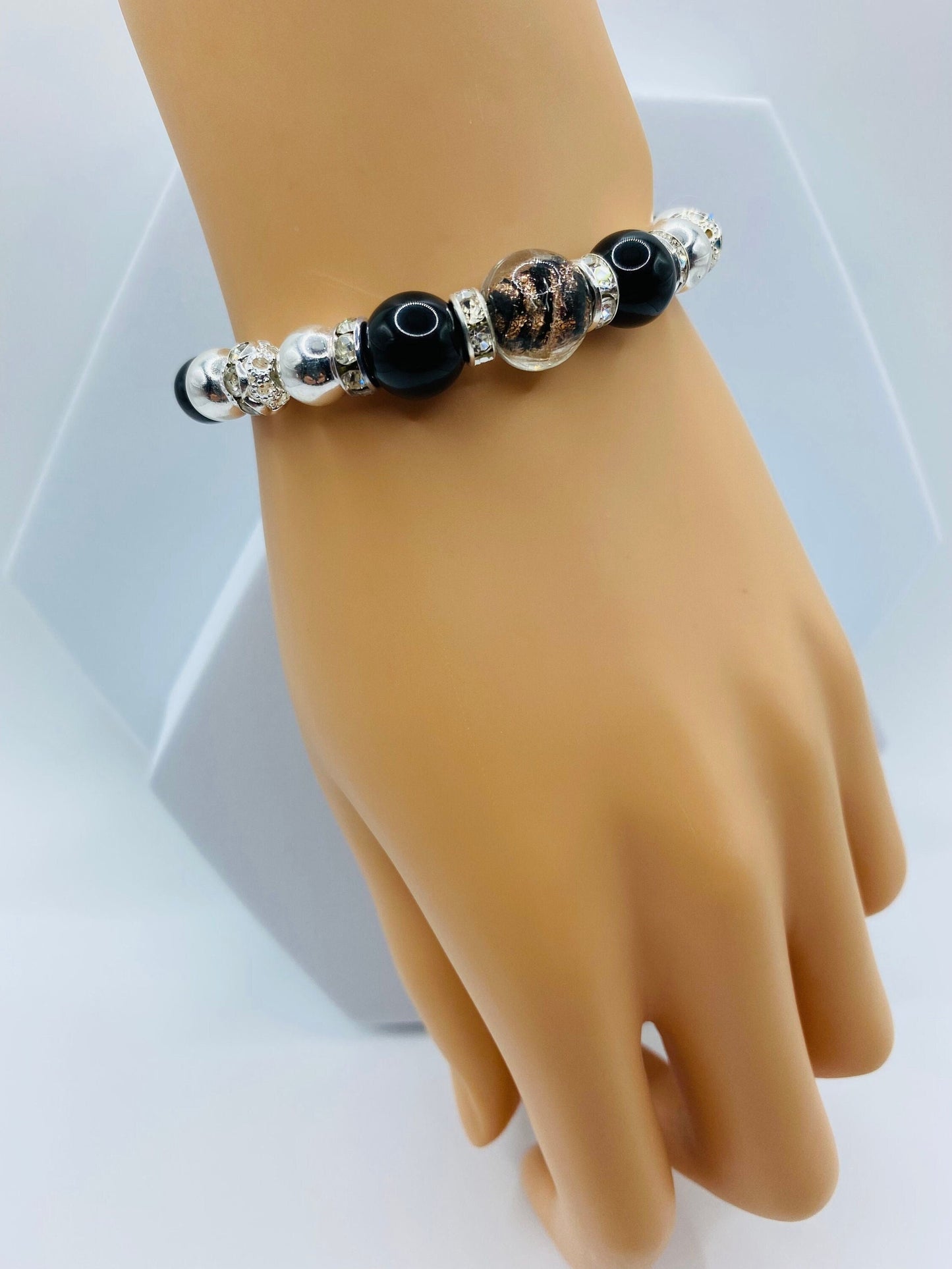 Men's Silver Hematite & Onyx Bracelet with Lampwork Glass Beads
