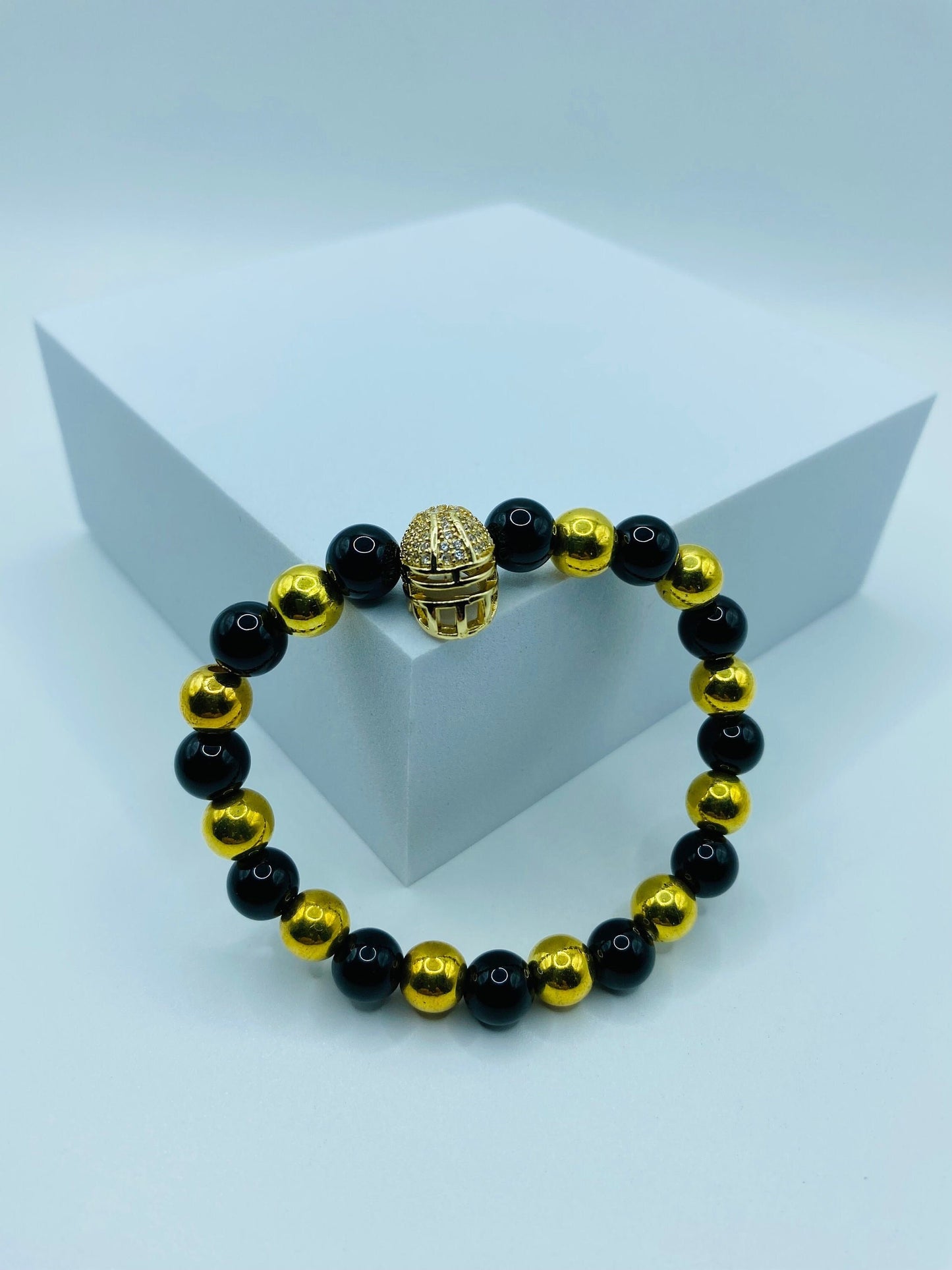 New Orleans Saints Bracelet: Onyx & Gold Hematite Football Helmet