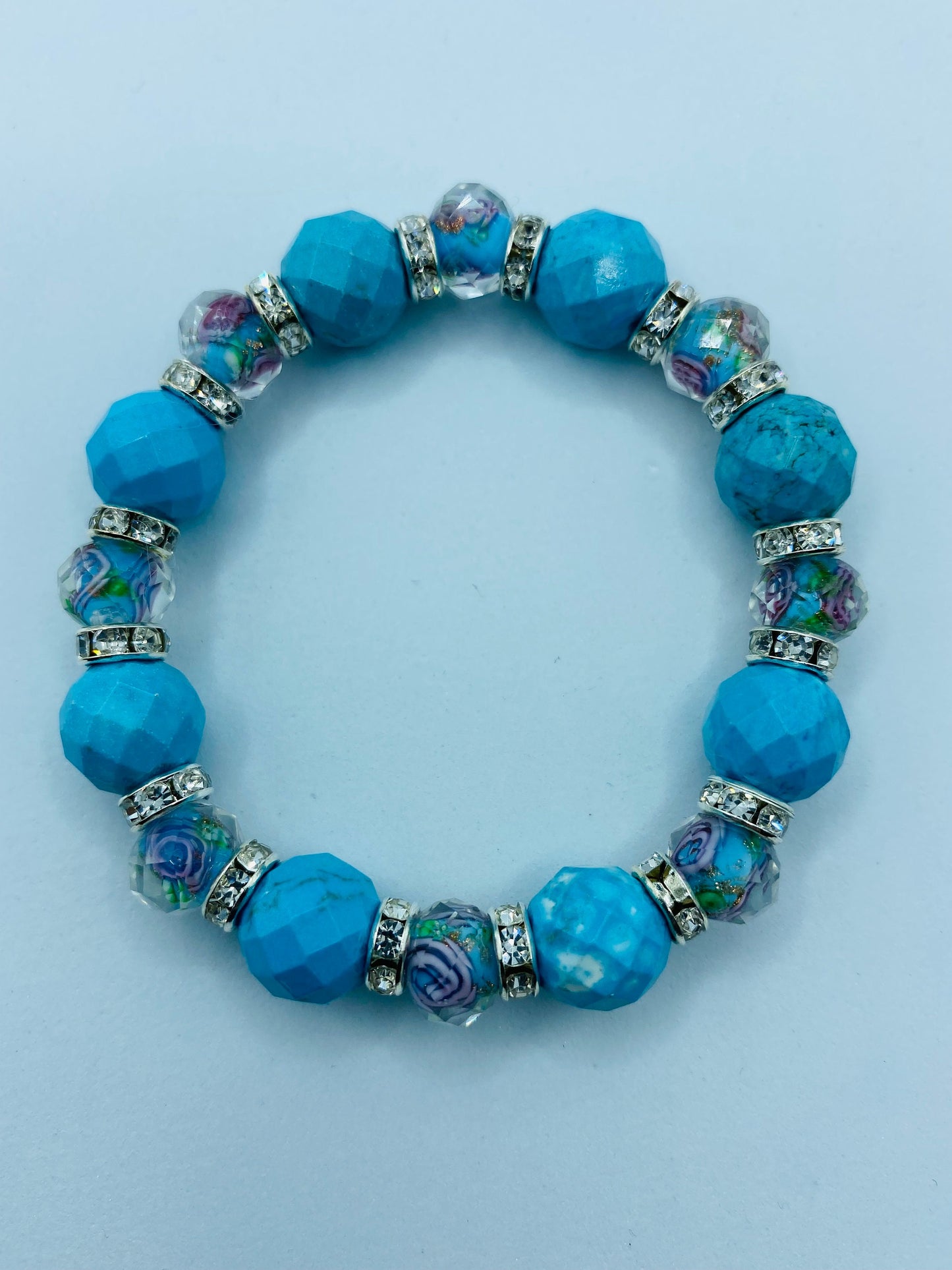 Turquoise Bracelet Custom Jewelry with Lampwork Flower Glass Beads - Mens Bracelet - Bracelets for Women