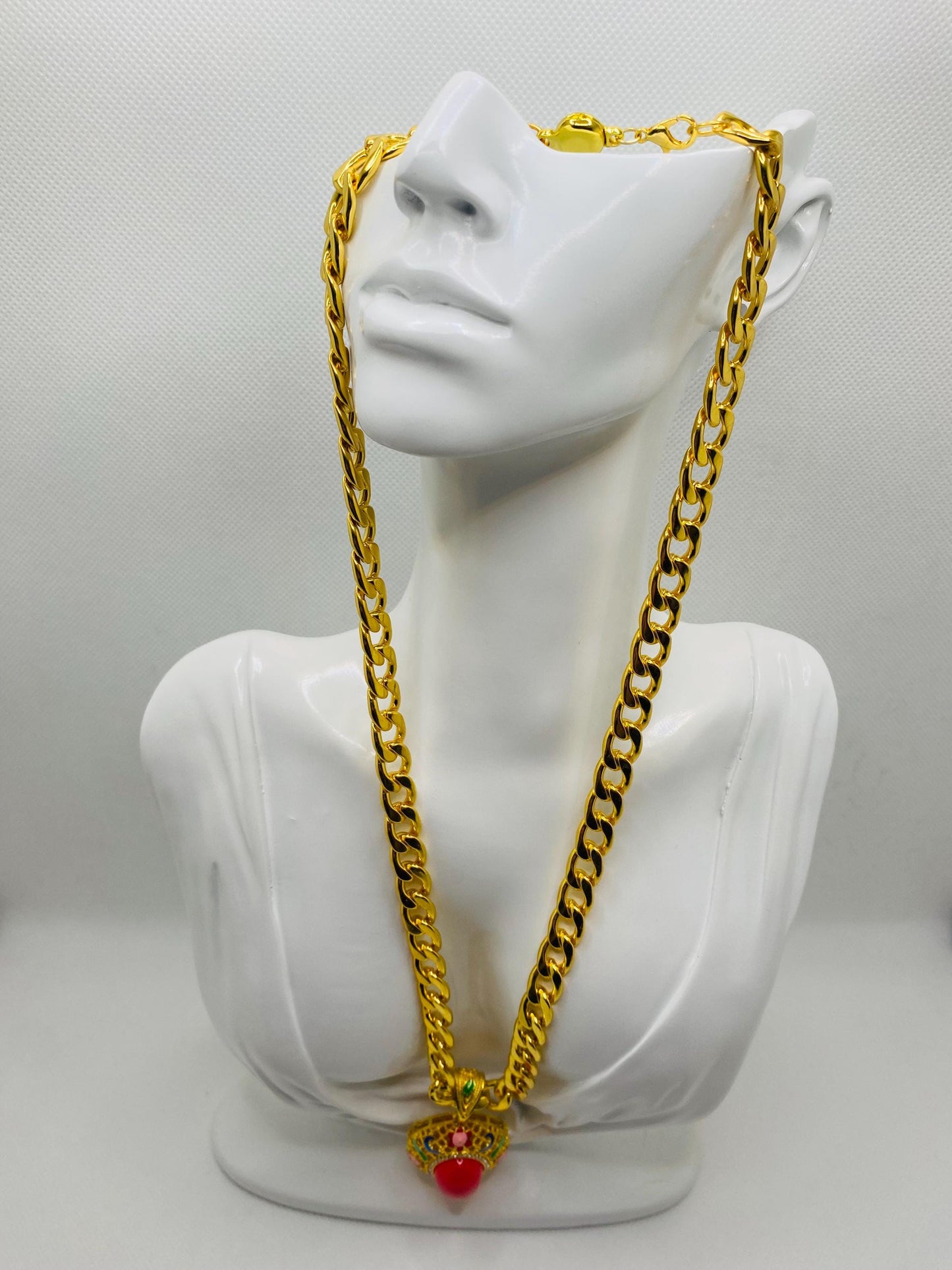 Red Agate Pendant Necklace: Gold Plated Cuban Link Chain Boho Jewelry