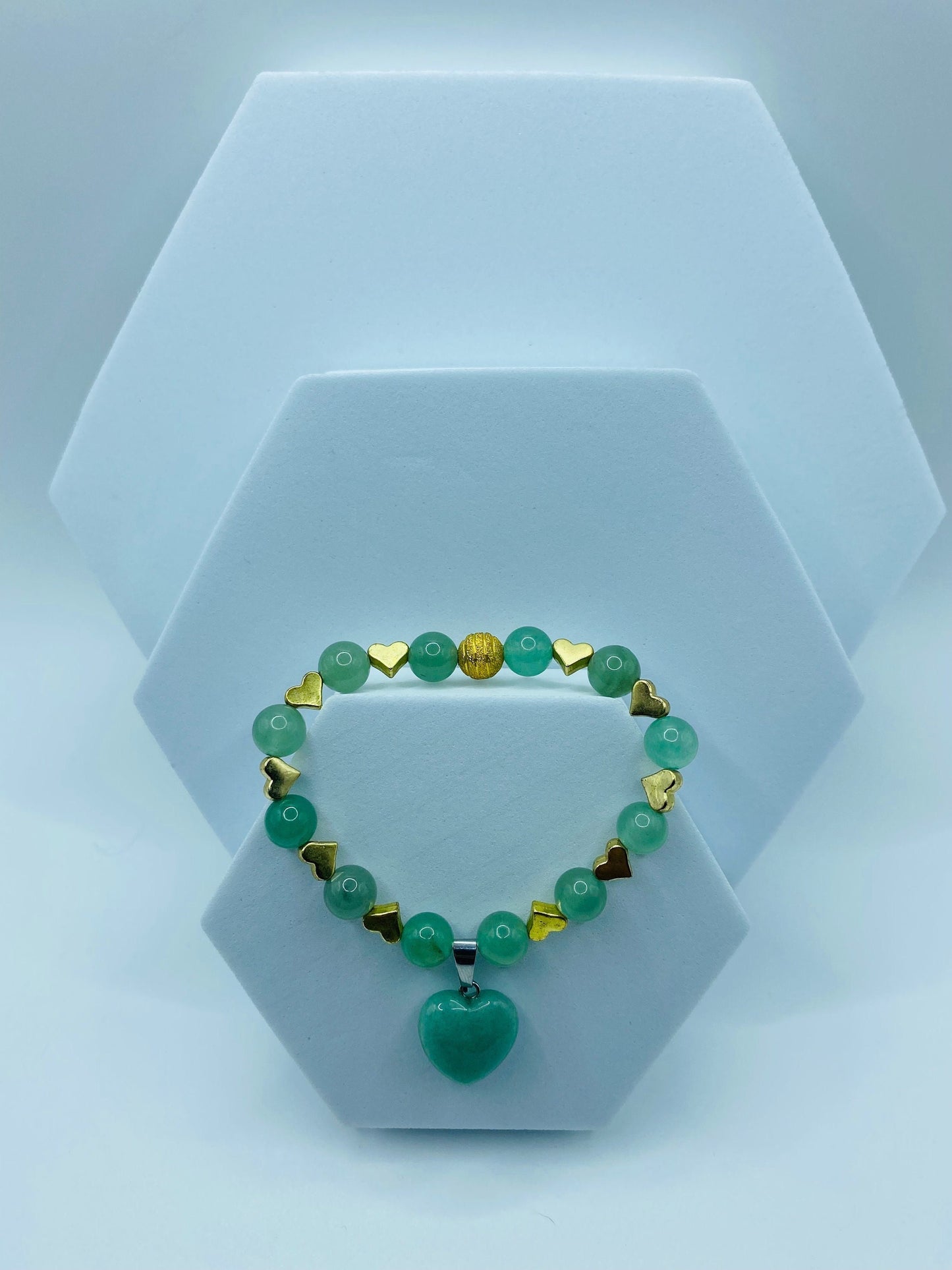 Handmade Green Aventurine Heart Bracelet: 18K Gold Plated Charms