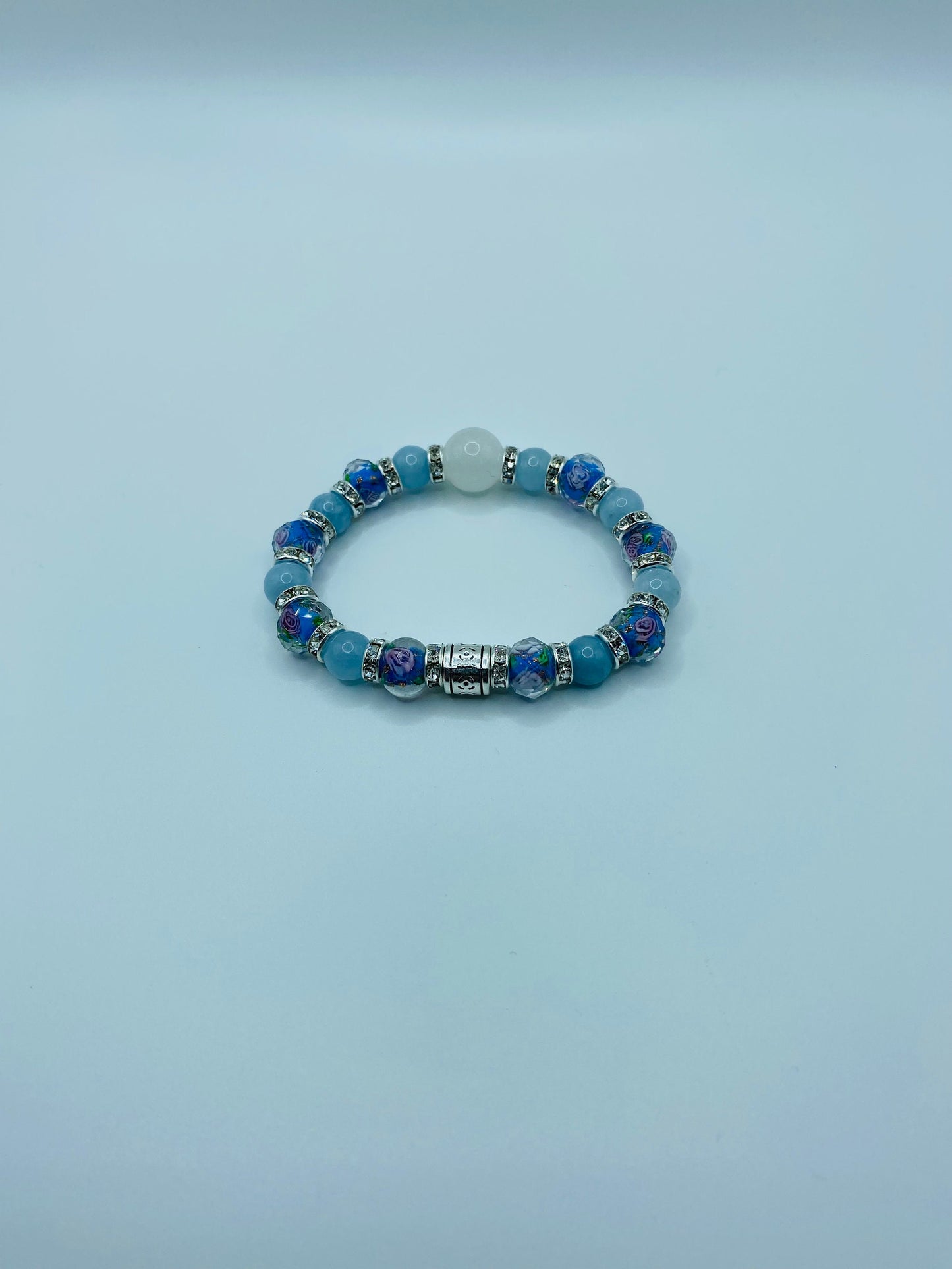 Aquamarine Bracelet: Lampwork Floral Glass Beads, Chalcedony Stone