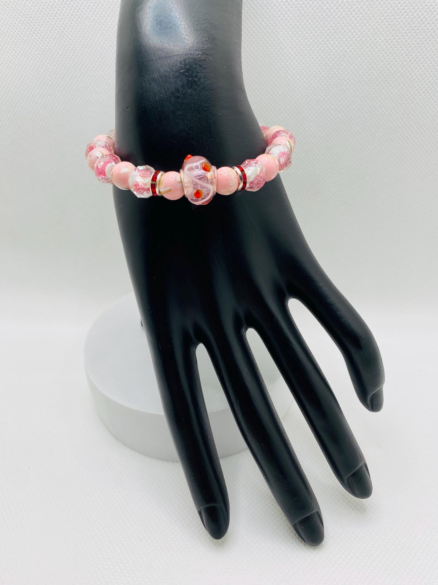 Pink Lampwork Glass Bead Bracelet: Floral Trochus Turquoise