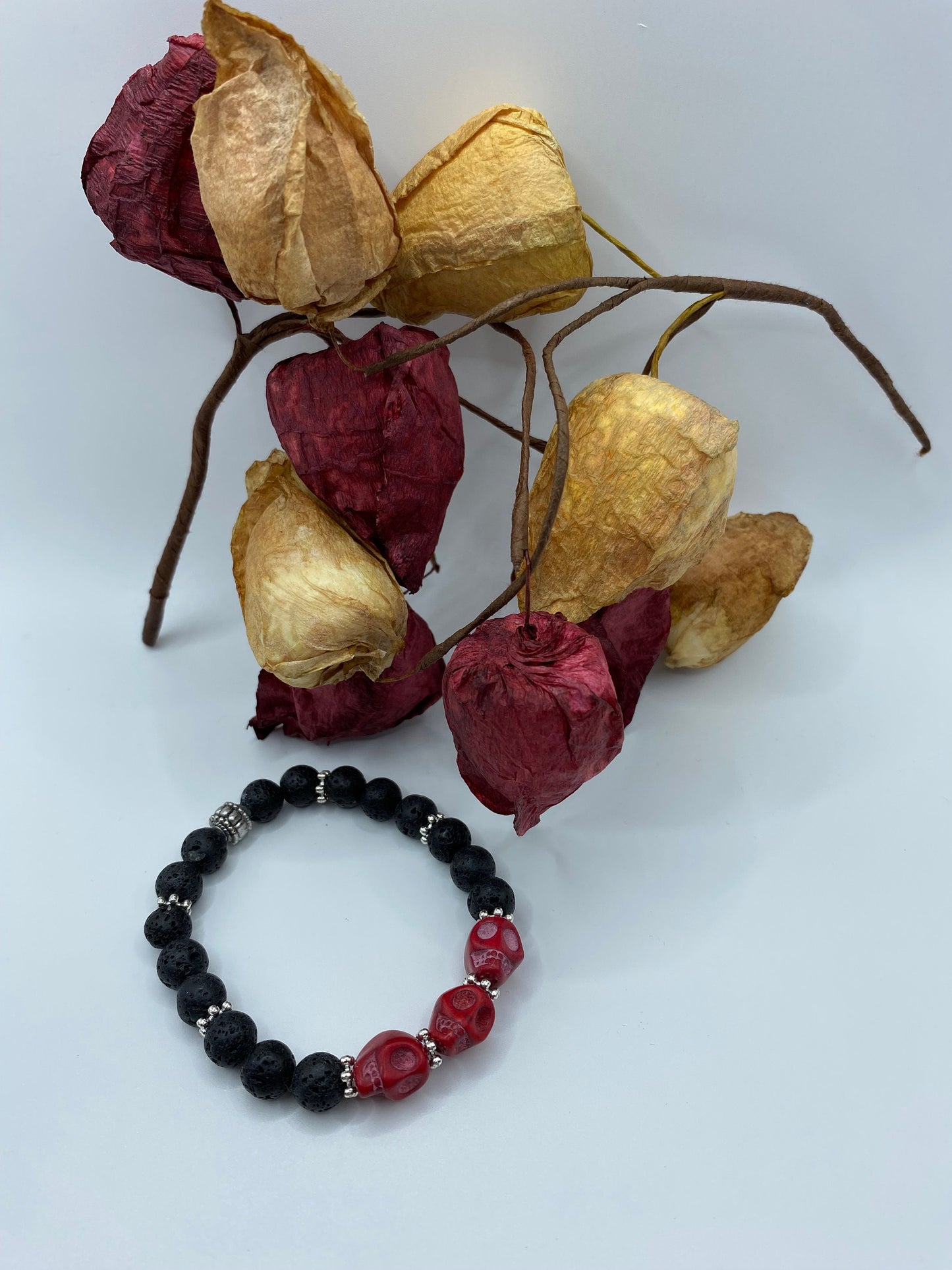 Day of the Dead Lava Rock Bracelet, Red Skull Beads - Dia de Los Muertos - Gothic Jewelry - Gift for Him
