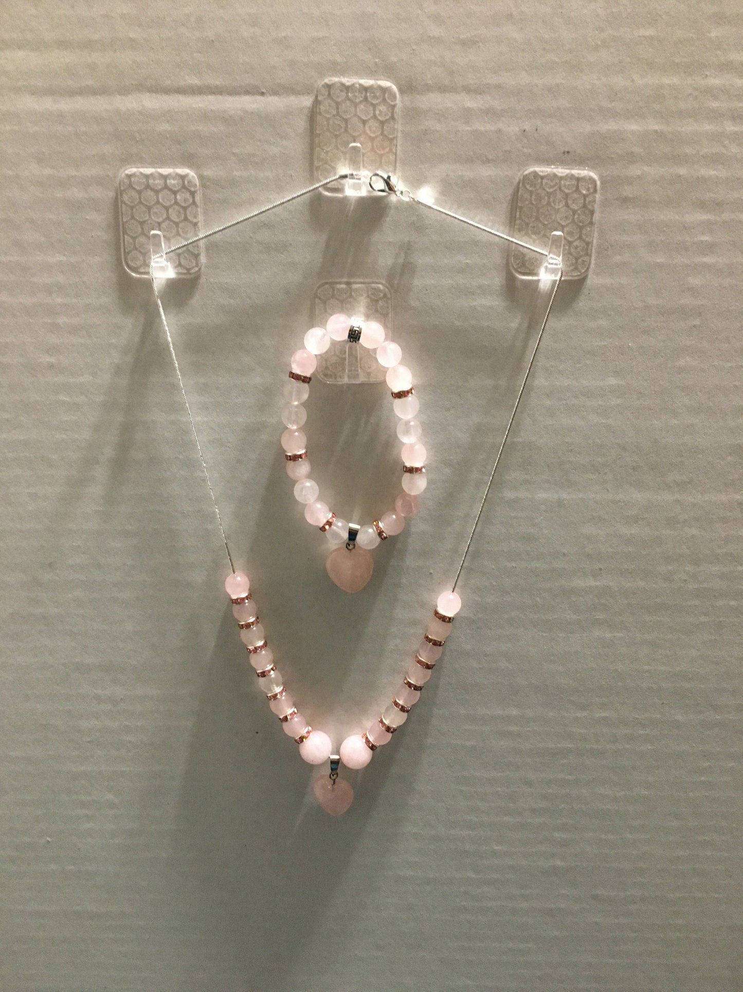 Rose Quartz Heart Necklace & Bracelet Set: Beaded Gemstone Jewelry