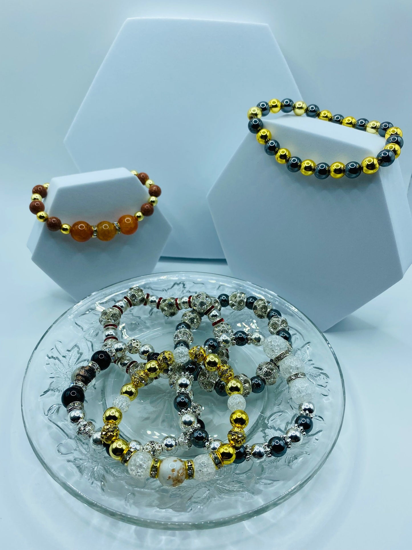 Gold Hematite Bracelet: Lampwork Glass & Crackle Quartz Crystal